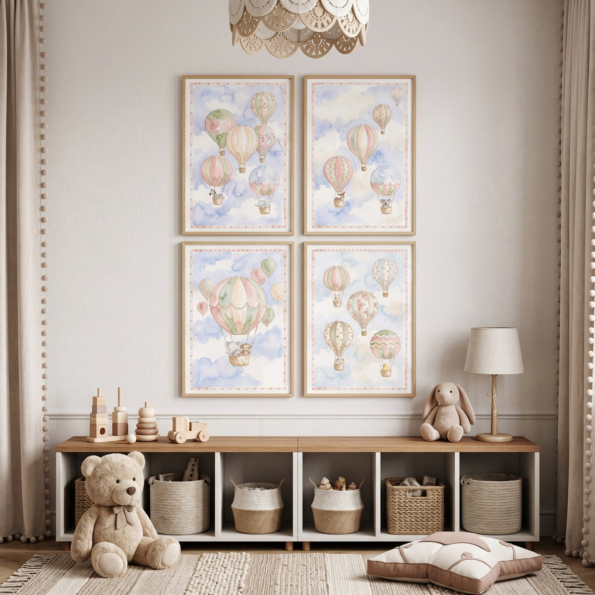 Watercolor Flying Baby Animal Wall Art Set Of 4 - Soft Balloon Journey