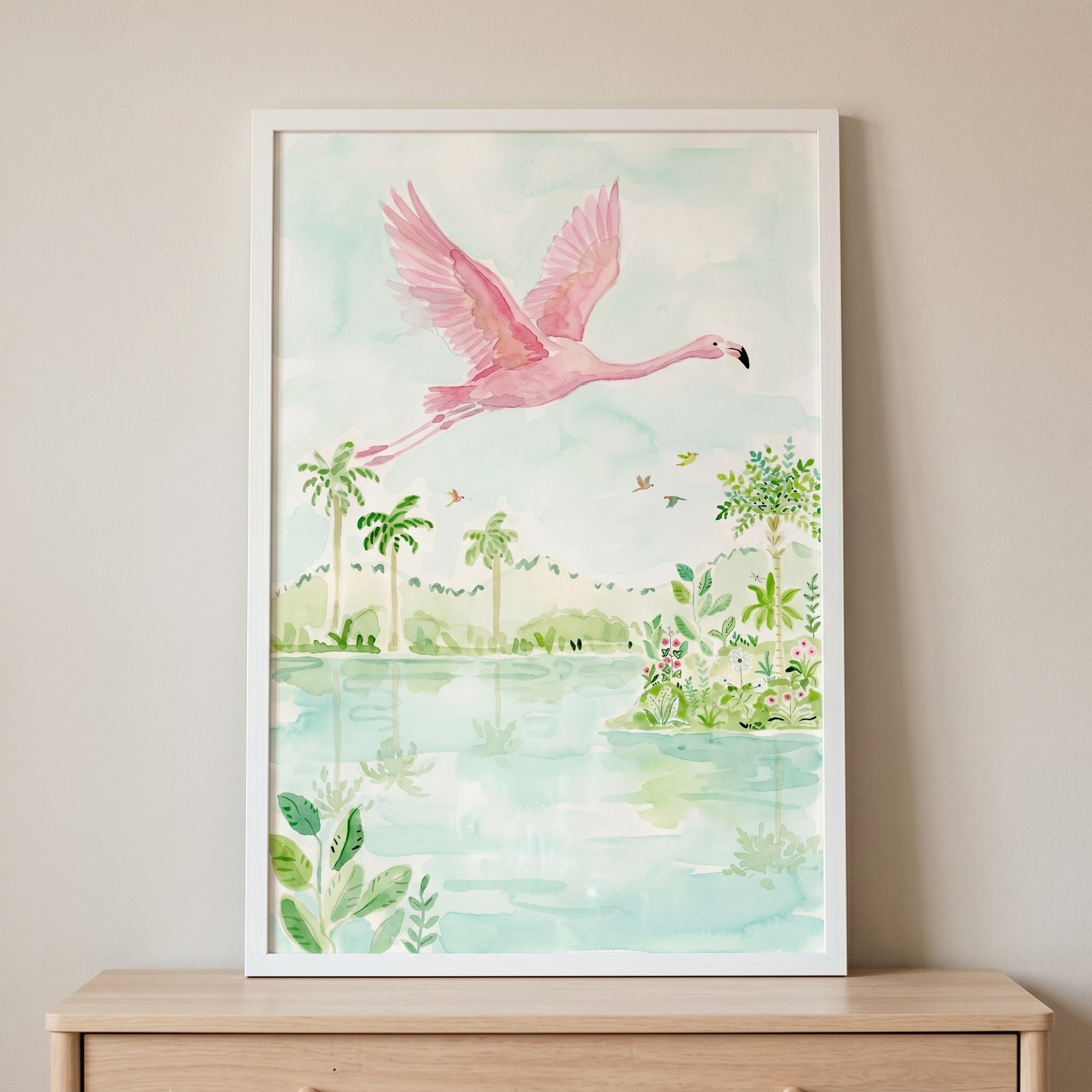 Watercolor Flying Pink Flamingo Wall Art - Pink Flamingo Flight