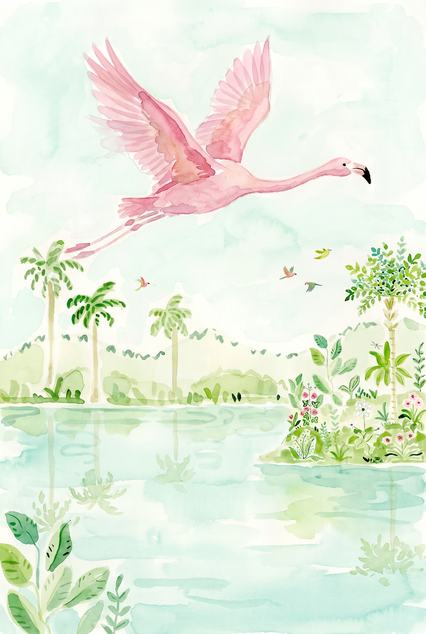 Watercolor Flying Pink Flamingo Wall Art - Pink Flamingo Flight