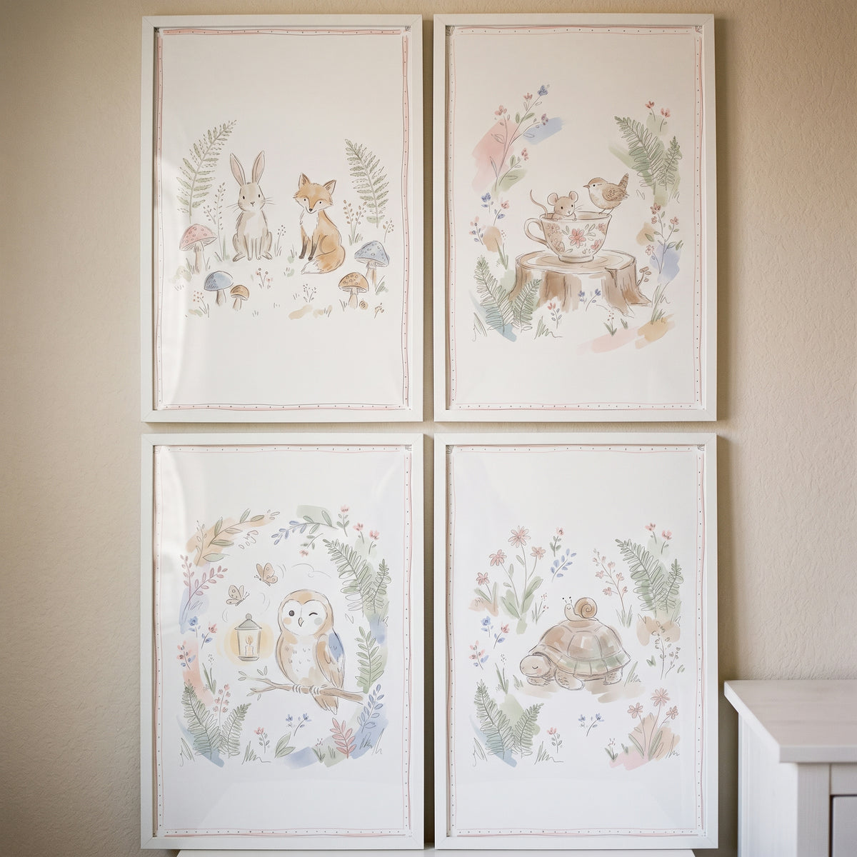 Watercolor forest animal set wall art set of 4 featuring a rabbit, fox, owl, turtle, and mouse in white frames.