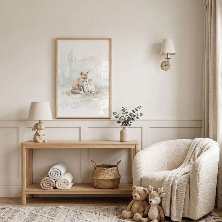 Watercolor fox and rabbit animals wall art above a wooden table in a nursery with a bunny lamp and plush armchair.