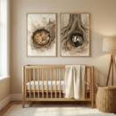 A serene nursery features neutral tones and natural materials. Above a light wood crib hang two framed watercolor illustrations. The left piece depicts a ginger fox curled asleep in a hollow log, while the right shows a badger peering from a burrow beneath tree roots. A cream blanket drapes over the crib rail. To the right, a tripod floor lamp stands beside a large woven wicker basket on a plush rug. Soft light from a side window illuminates the beige walls and wooden floor.