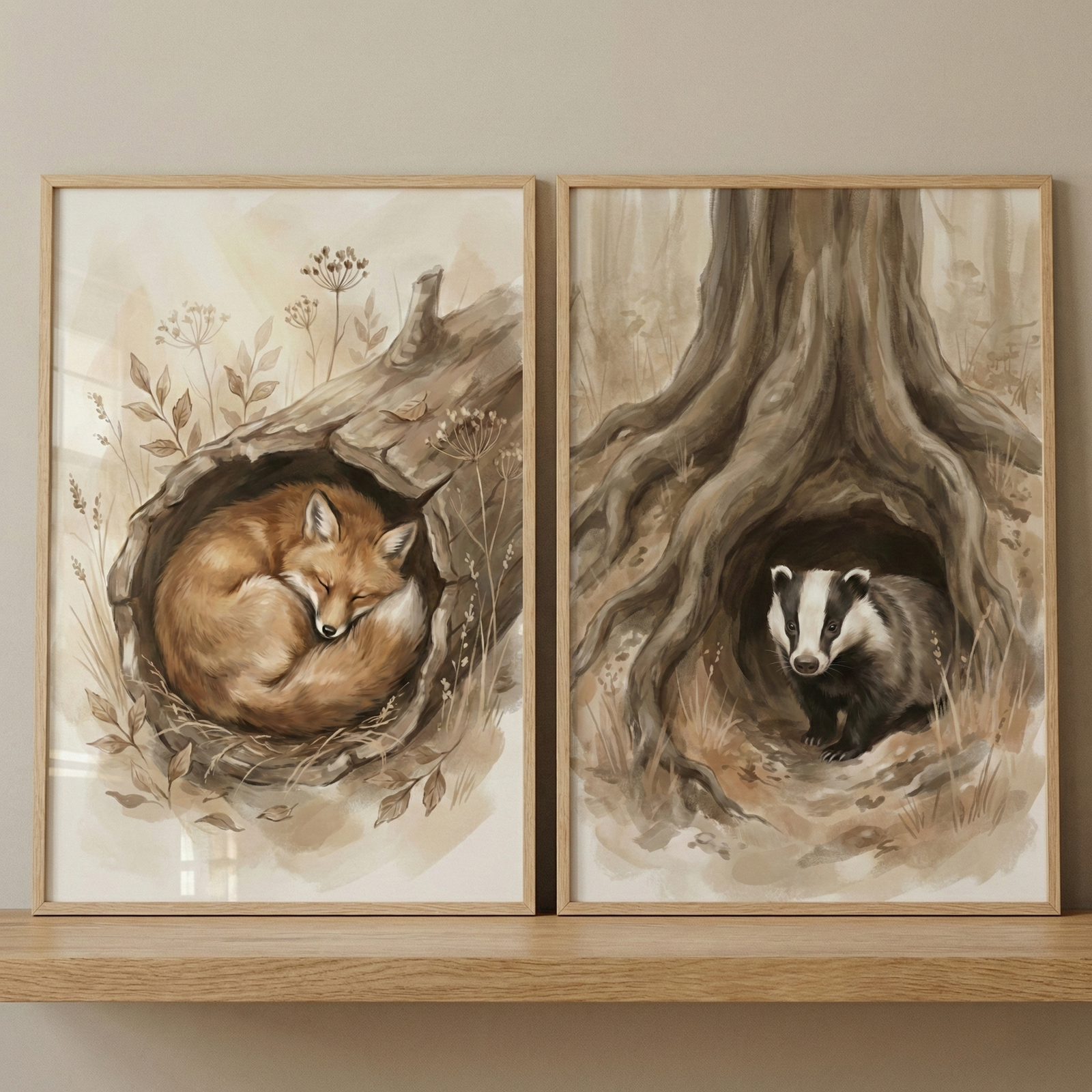 Two framed illustrations in a soft watercolor style are displayed side-by-side on a wooden shelf. The image on the left shows a fox sleeping soundly inside a hollow log, surrounded by delicate dried plant stalks. The image on the right features a badger standing in the hollow space between the roots of a large tree. Both art pieces use a muted palette of earth tones like brown, tan, and soft orange. They are held in simple, light-colored wooden frames against a plain, neutral-toned wall.