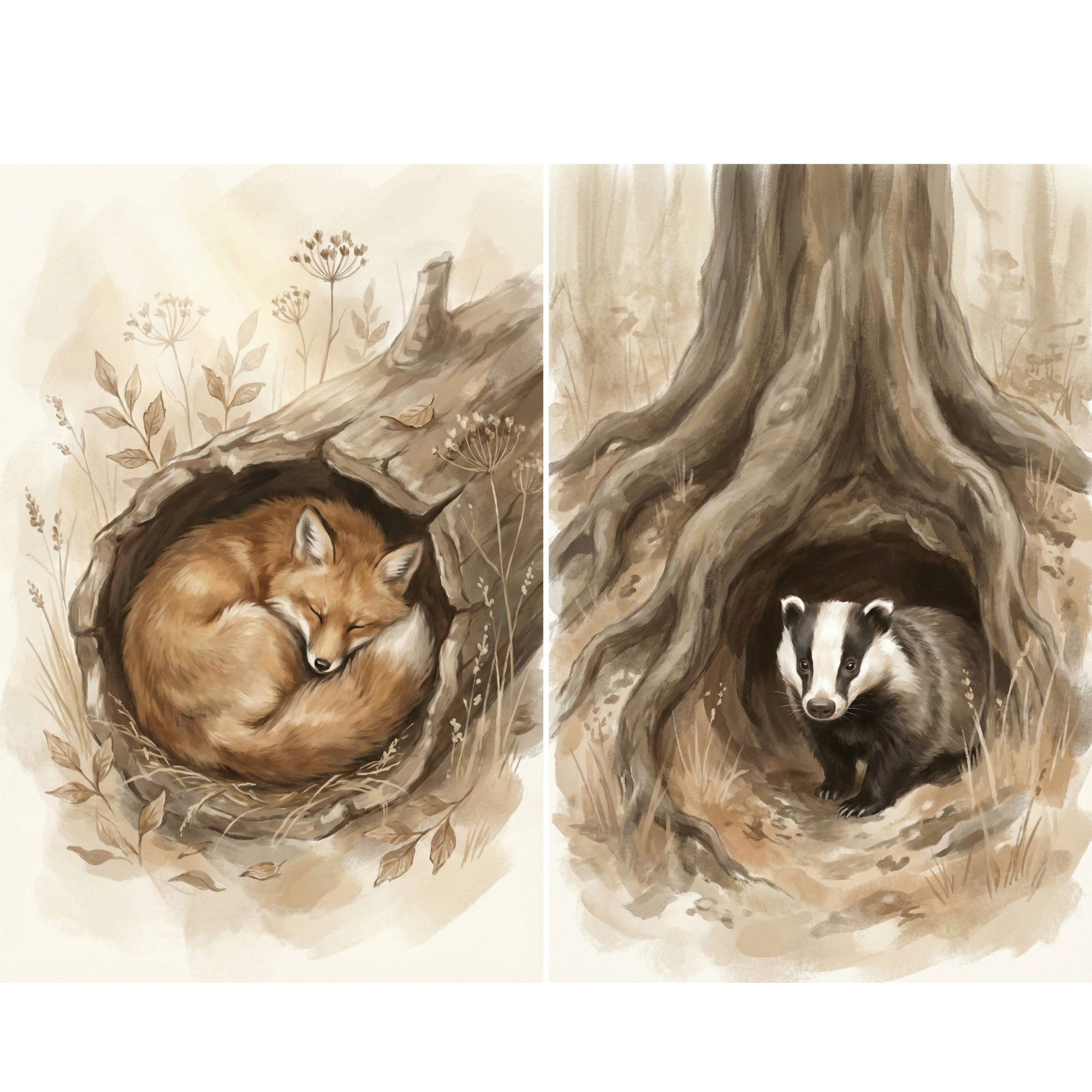 A two-panel diptych in a soft-wash aesthetic. The left side shows a reddish-brown fox curled in sleep inside a hollowed-out log, surrounded by delicate line art of dried plants. The right side features a badger peering from its burrow beneath the gnarled roots of a large tree. The entire piece uses a muted palette of sepia, cream, and warm browns, with gentle textures and fine details creating a serene, natural atmosphere in a storybook style.