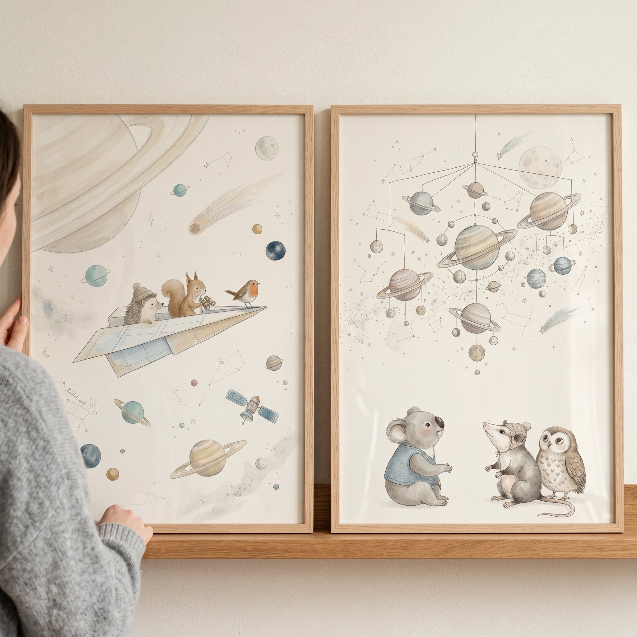 Watercolor Galactic Forest Animals Wall Art Set of 2 - Tiny Space Travelers
