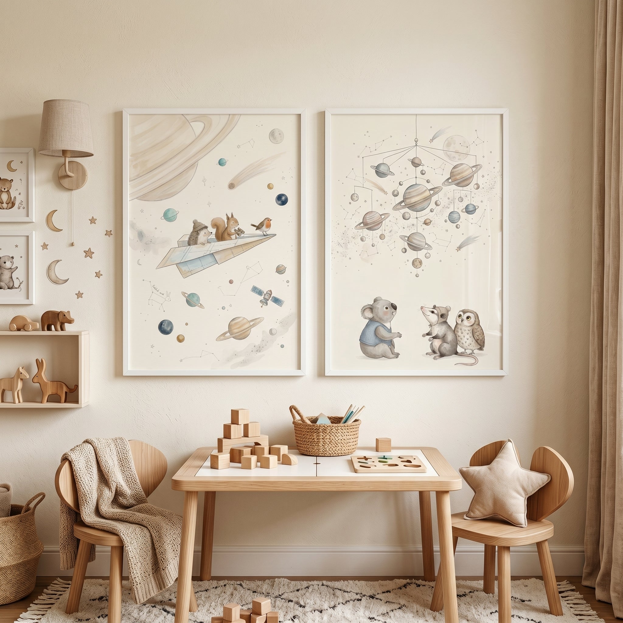 Watercolor Galactic Forest Animals Wall Art Set of 2 - Tiny Space Travelers