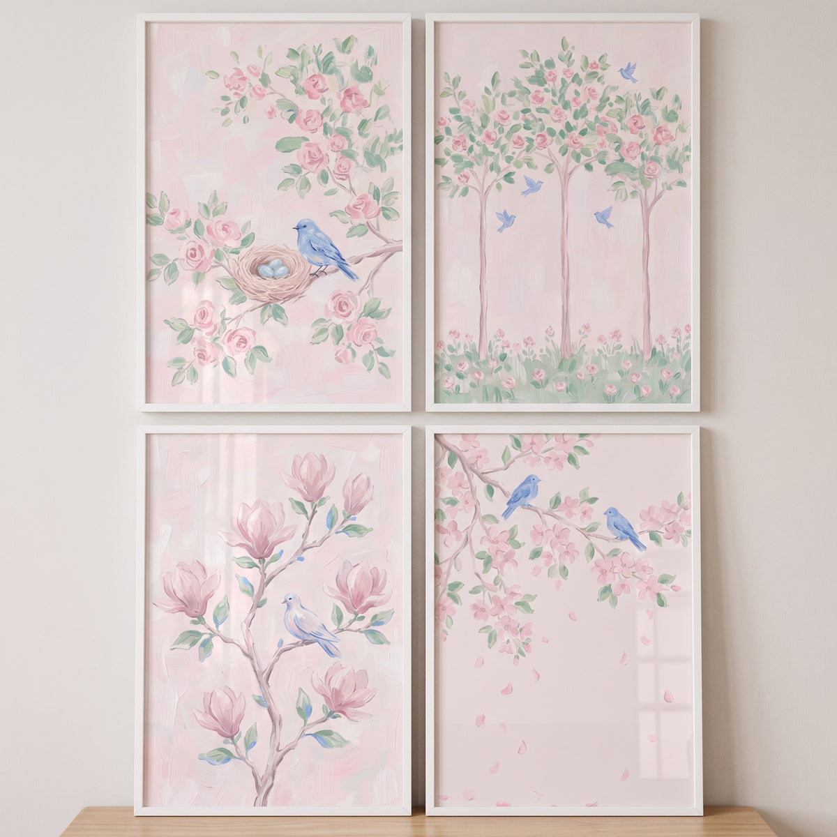 Watercolor Garden Blue Bird Wall Art Set of 4 - Soft Spring Blooms