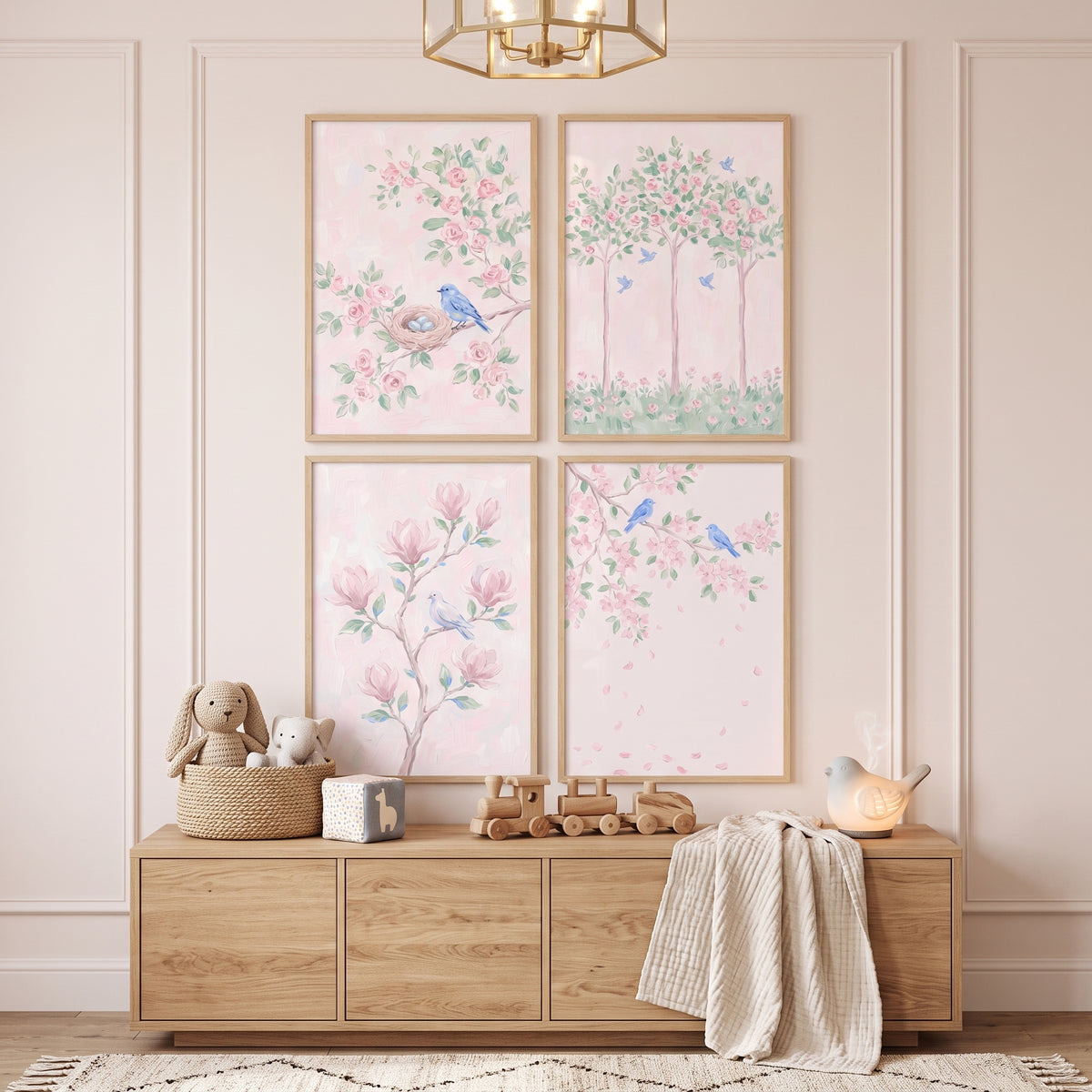 Watercolor Garden Blue Bird Wall Art Set of 4 - Soft Spring Blooms