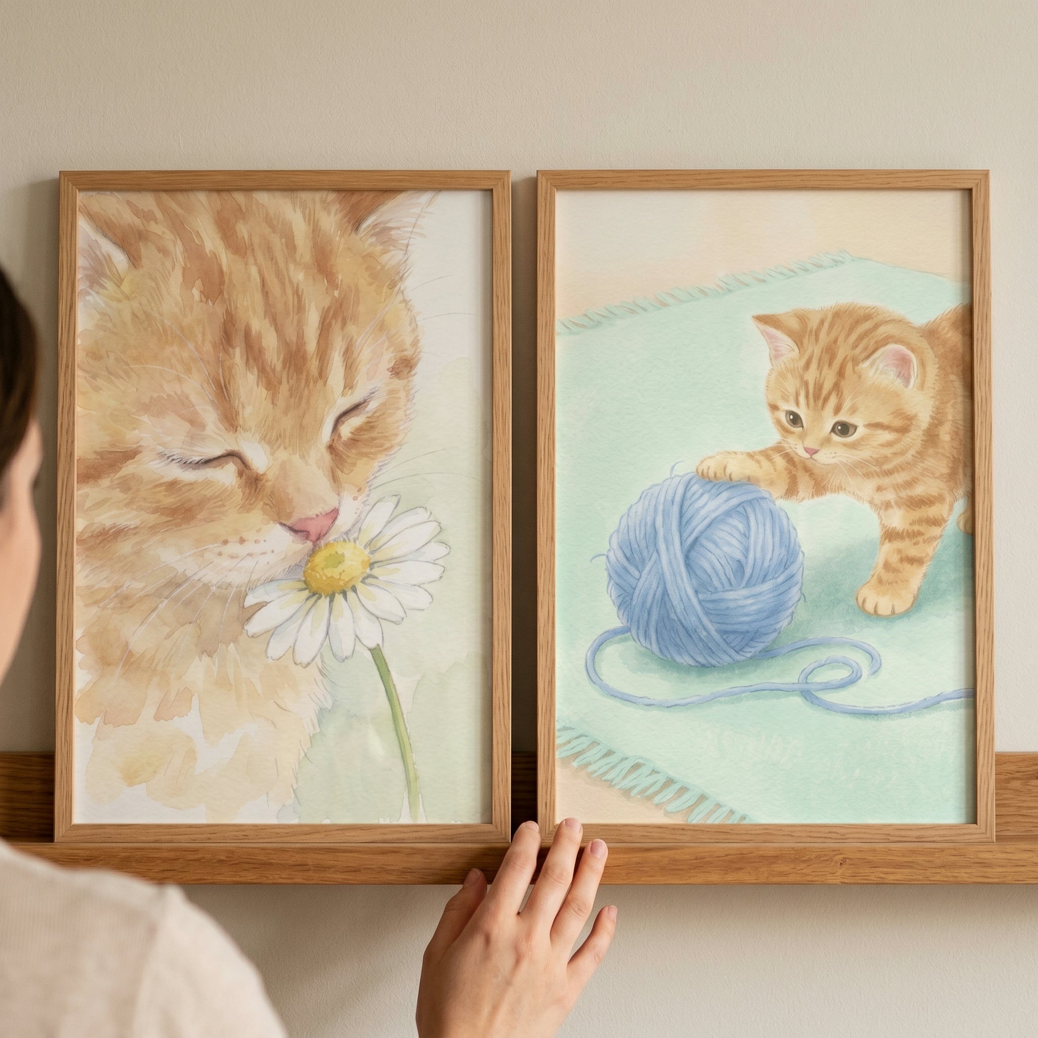 Watercolor Ginger Tabby Kitten Wall Art Set of 2 - Sweet Ginger Kittens