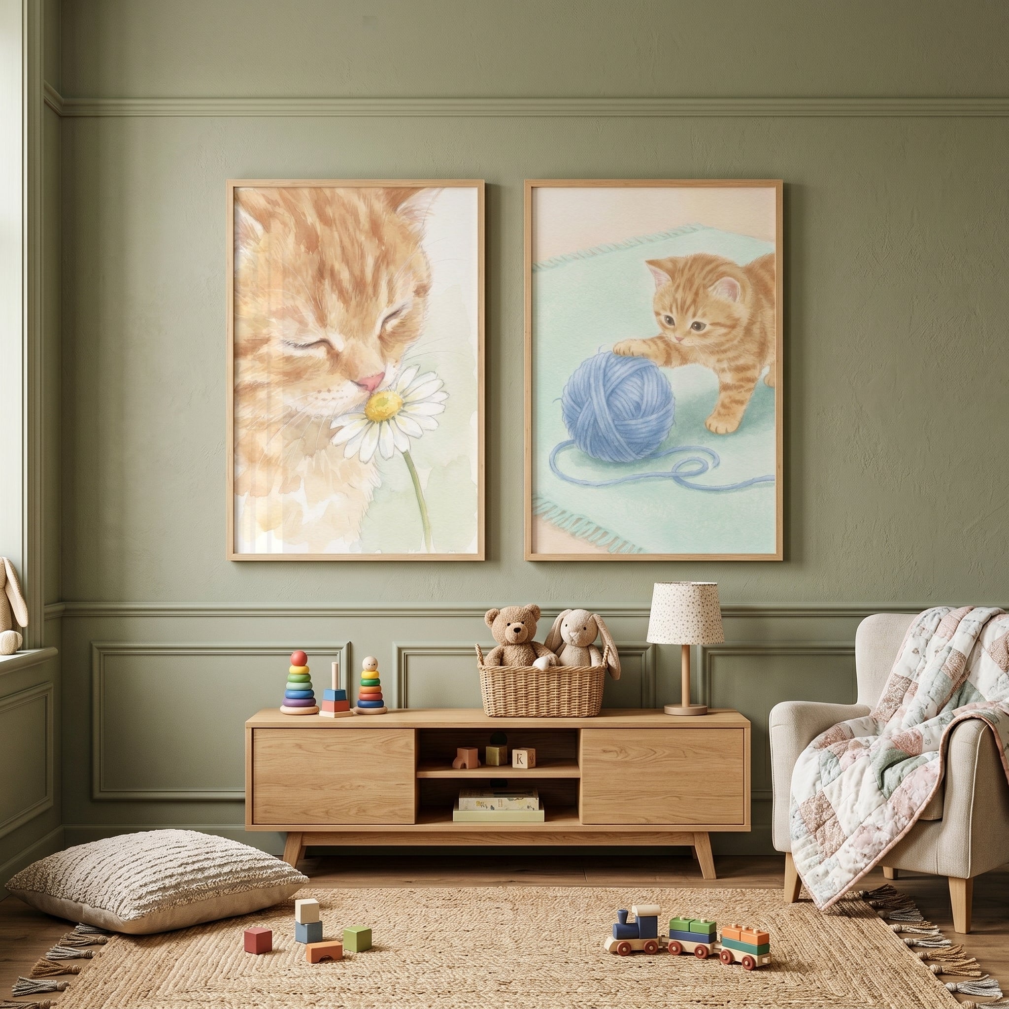 Watercolor Ginger Tabby Kitten Wall Art Set of 2 - Sweet Ginger Kittens