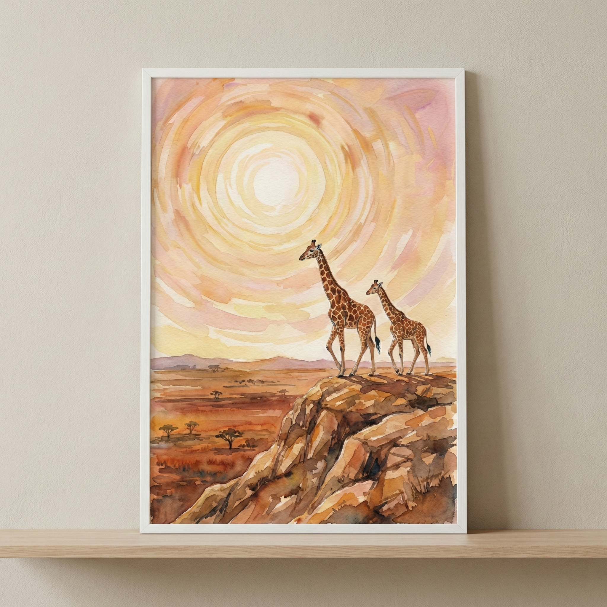 A vertical watercolor illustration depicts a large giraffe and its young offspring standing atop a rugged rocky outcrop. They gaze out over a sprawling savanna under a massive, glowing sun that fills the sky with concentric circles of warm yellow, soft orange, and delicate pink hues. The landscape below shows distant trees and rolling hills in earthy brown and rust tones. The artwork is presented in a clean white frame, resting on a light wooden shelf against a plain, neutral-colored wall.
