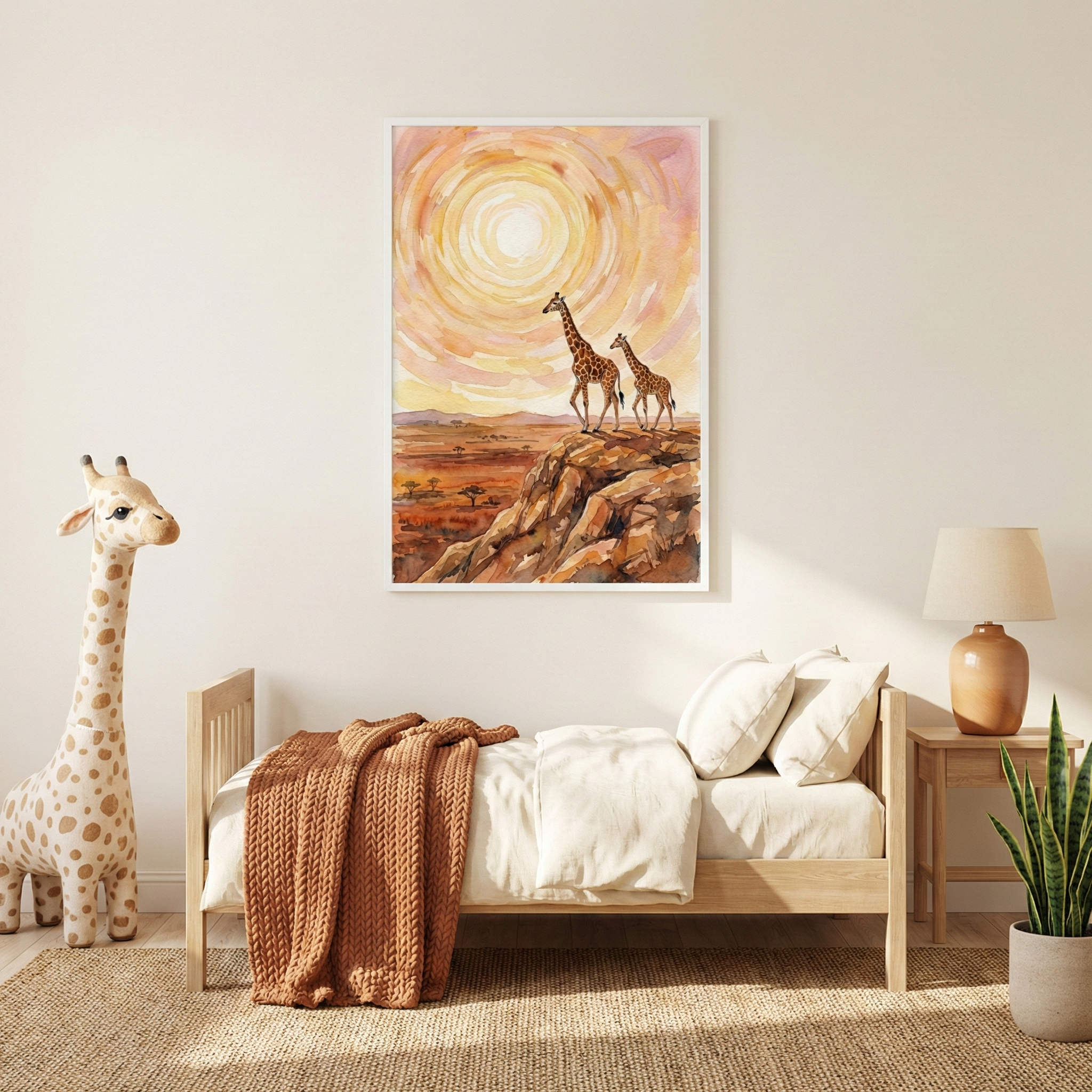 A cozy bedroom features a wooden bed with white bedding and a rust-colored knitted throw. A large painting of two giraffes on a rocky landscape under a swirling, colorful sky hangs above the bed. A plush giraffe toy stands nearby, and a wooden nightstand with a lamp and a green plant completes the decor.