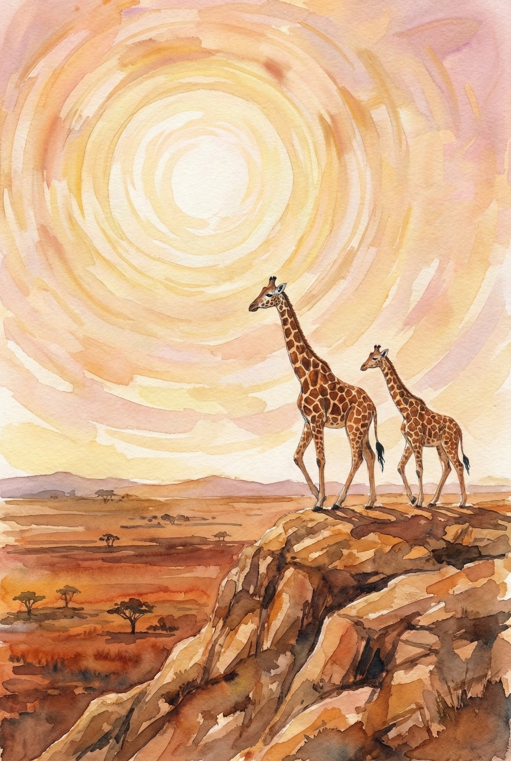 A watercolor artwork of two giraffes, an adult and a calf, standing atop a rocky ridge. They gaze out over a sprawling savanna under a massive, radiant sun. The sun is rendered as a central glow with swirling concentric circles of orange, yellow, and peach light that fill the sky. The landscape below features small trees and distant hills in warm earth tones. The scene uses soft washes of color and visible brushwork characteristic of the watercolor medium.