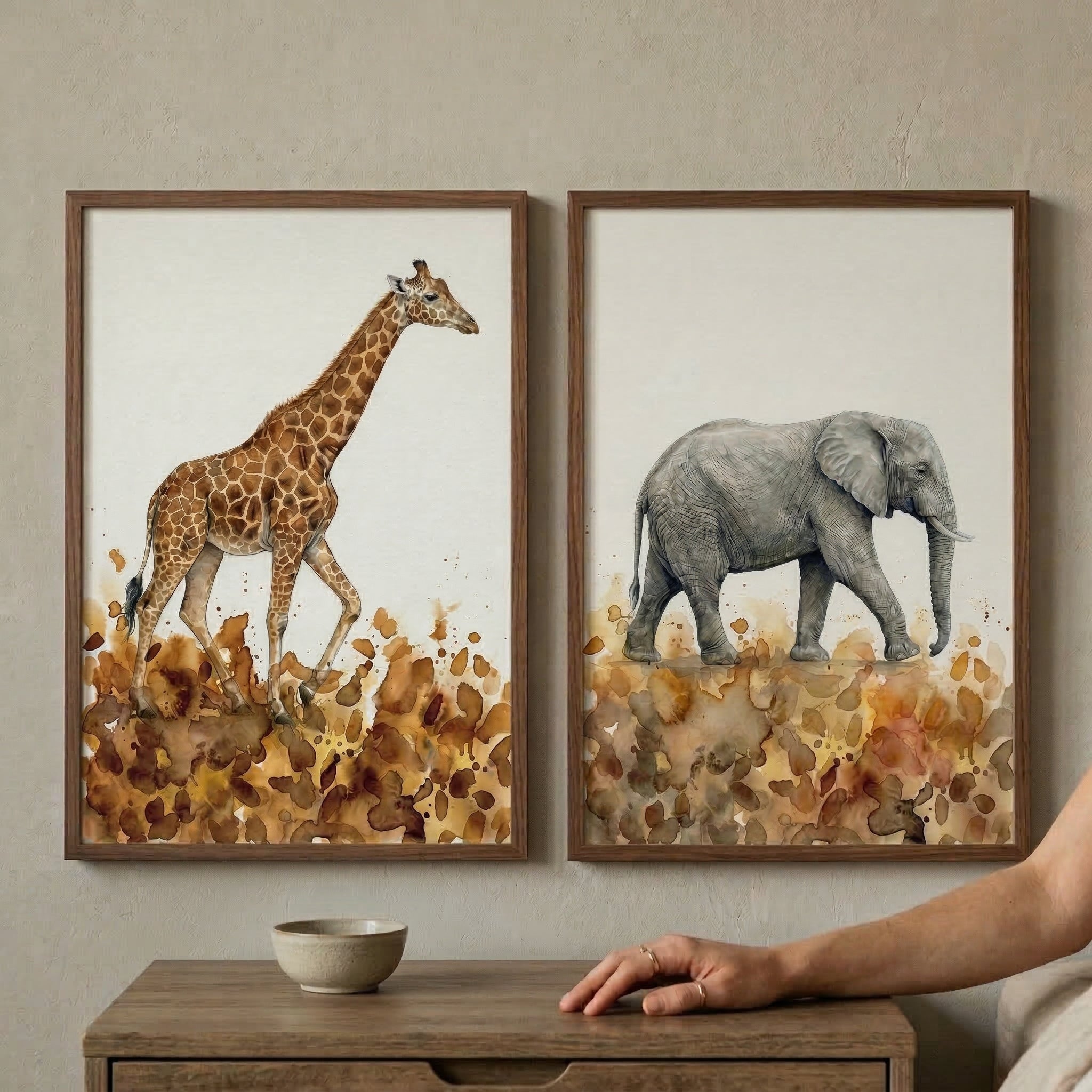 Giraffe And Elephant Wall Art Set of 2 - Savanna Safari Duo