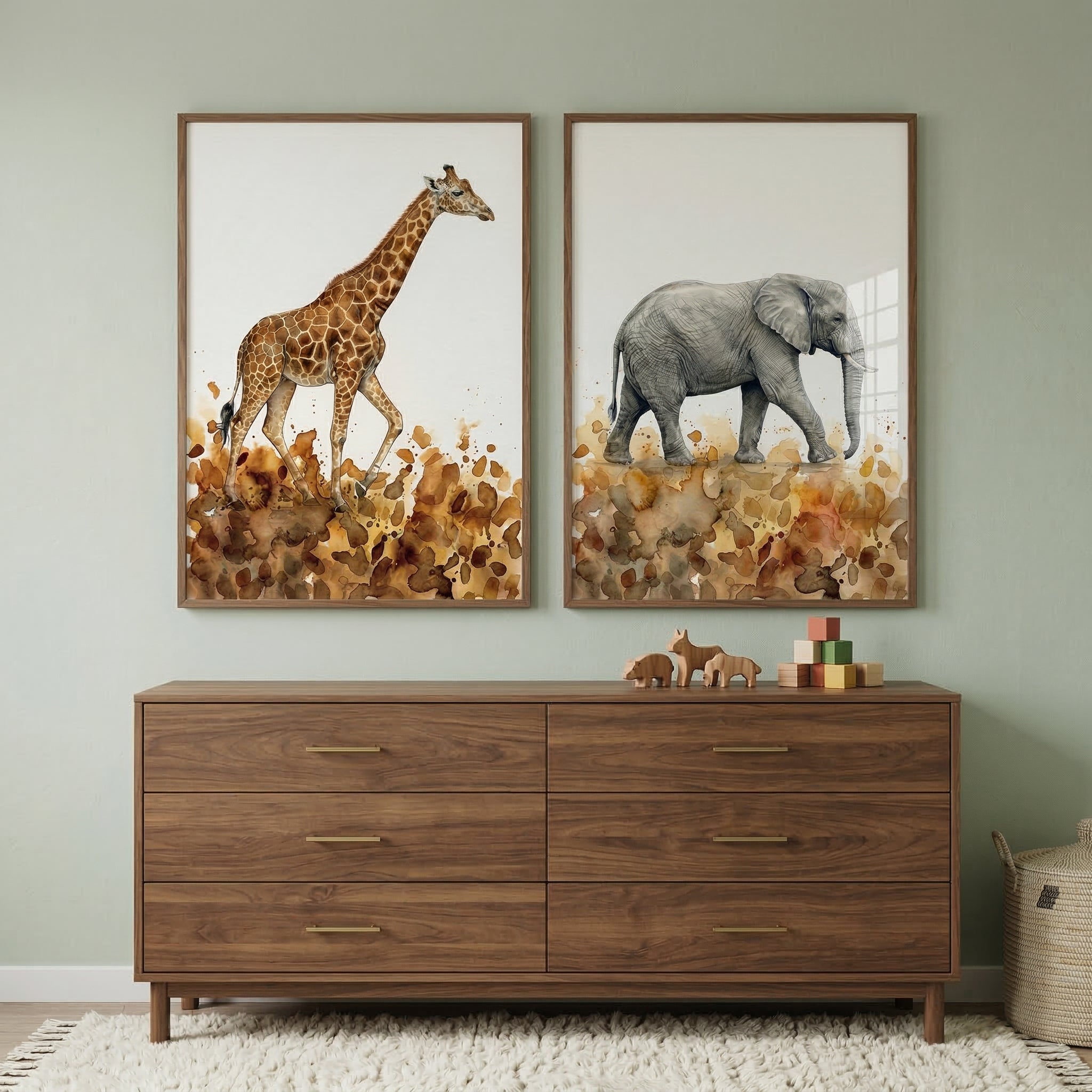 Giraffe And Elephant Wall Art Set of 2 - Savanna Safari Duo
