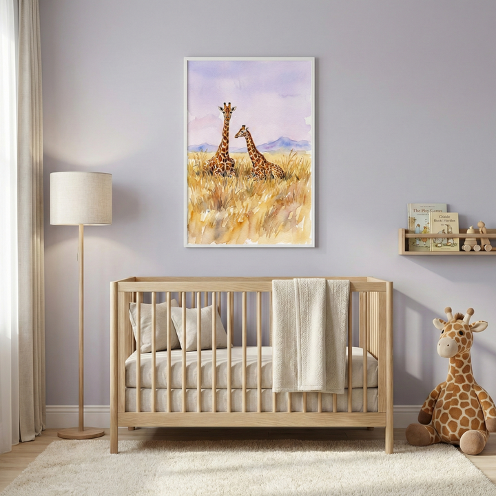 A serene nursery features light purple walls and natural wood furniture. A wooden crib with neutral bedding sits in the center. Above it, a framed watercolor-style illustration shows two giraffes in golden grass under a soft sky. To the left is a floor lamp with a cream shade. On the right, a small shelf holds books and wooden toys. A large, plush giraffe toy sits on a white rug beside the crib. Soft light filters through white curtains, creating a calm, nature-inspired atmosphere.