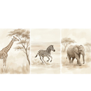 Sepia toned wildlife illustration showing three African savanna animals in separate panels. A giraffe reaches toward the leaves of an acacia tree while a zebra runs across dusty grassland and an elephant walks slowly through the dry landscape with scattered trees in the background.