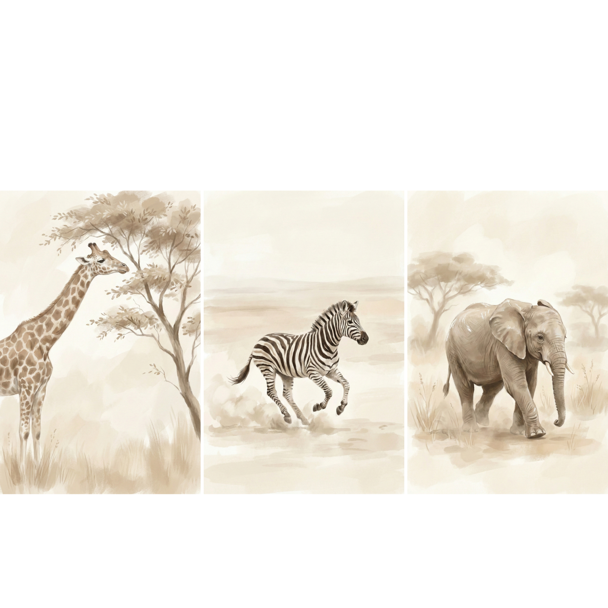 Sepia toned wildlife illustration showing three African savanna animals in separate panels. A giraffe reaches toward the leaves of an acacia tree while a zebra runs across dusty grassland and an elephant walks slowly through the dry landscape with scattered trees in the background.