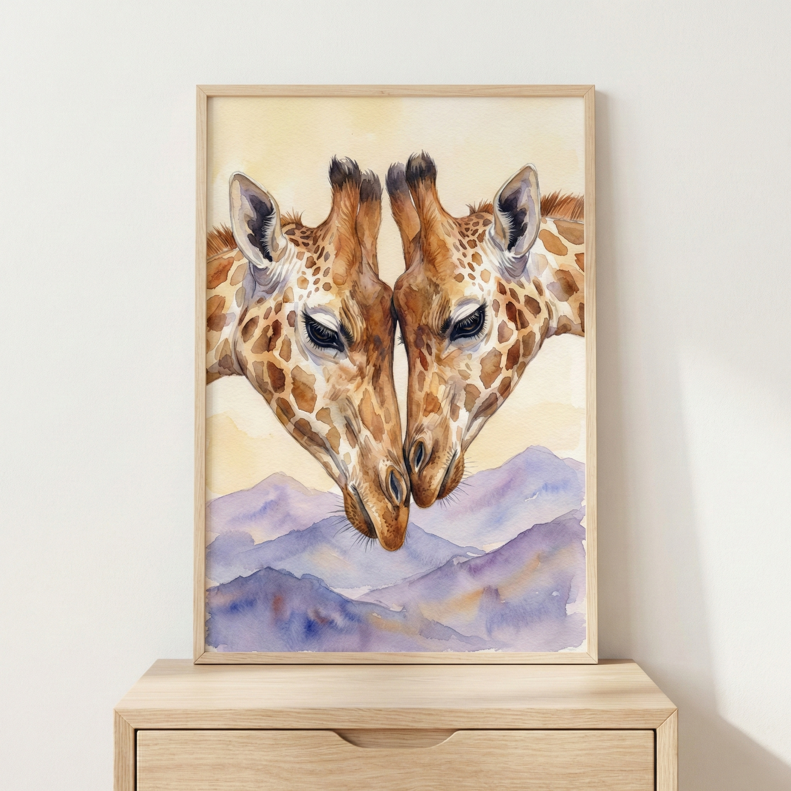 A framed watercolor painting of two giraffes gently touching heads, set against a backdrop of soft, purple and blue mountains. The artwork rests on a light wooden dresser, creating a serene and harmonious scene.