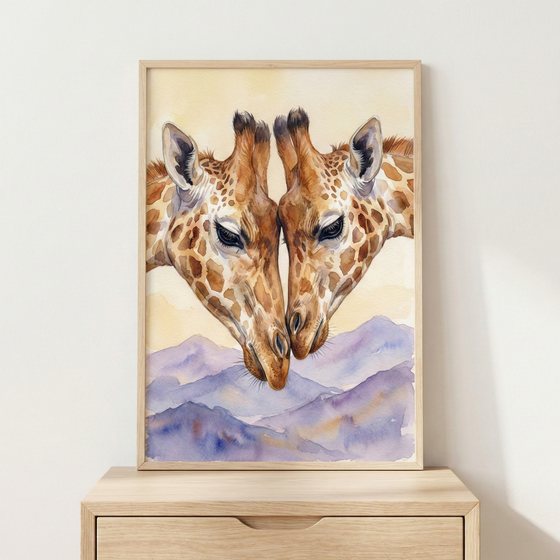 A framed watercolor painting of two giraffes gently touching heads, set against a backdrop of soft, purple and blue mountains. The artwork rests on a light wooden dresser, creating a serene and harmonious scene.