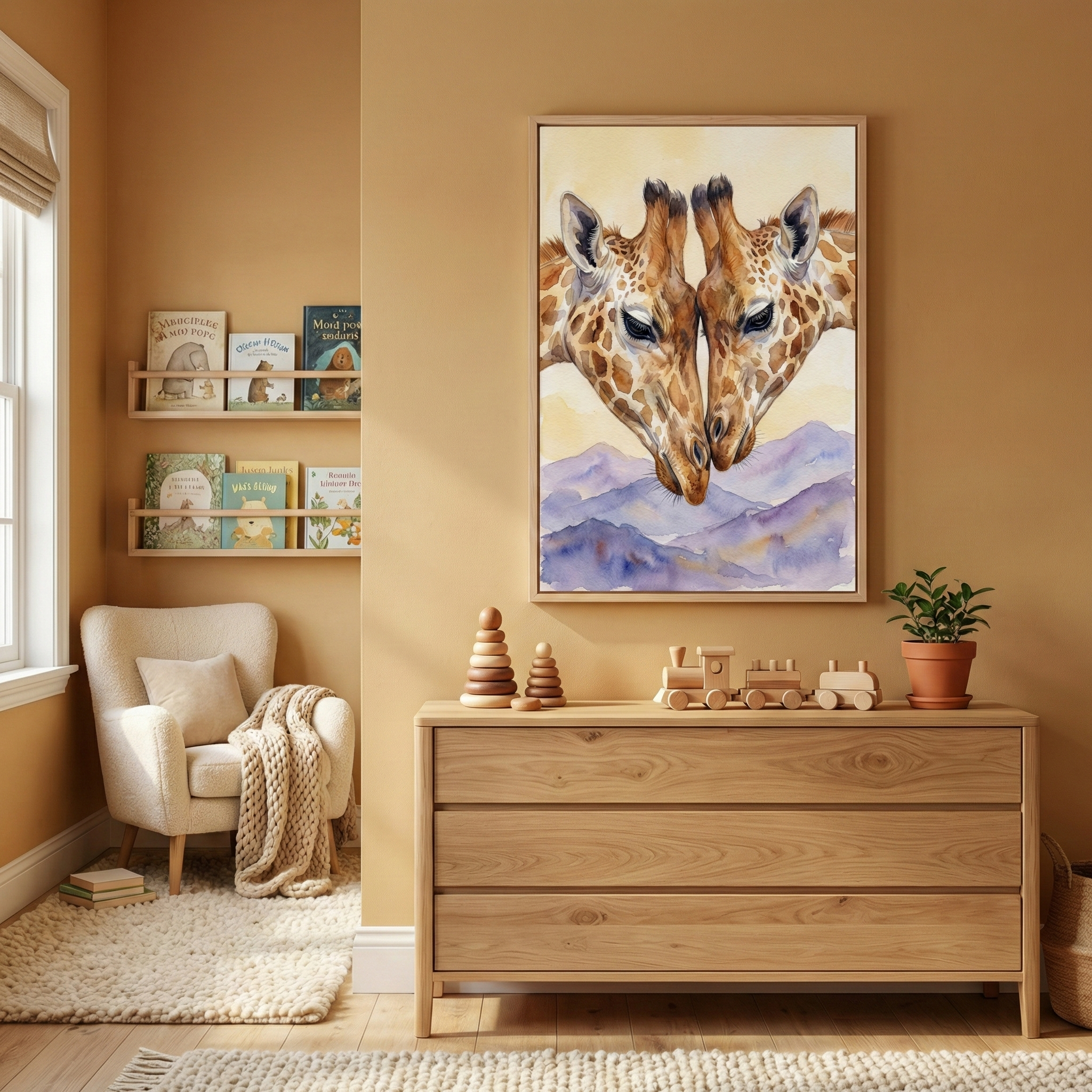 A cozy nursery features mustard yellow walls and light wood furniture. A large framed watercolor illustration depicts two giraffes touching heads above purple mountains. Below it, a light wood dresser holds wooden stacking rings, a toy train, and a small potted plant. To the left, a cream armchair with a chunky knit throw sits near floating shelves displaying animal-themed books. Two soft, textured cream rugs are layered on the light wood floor.