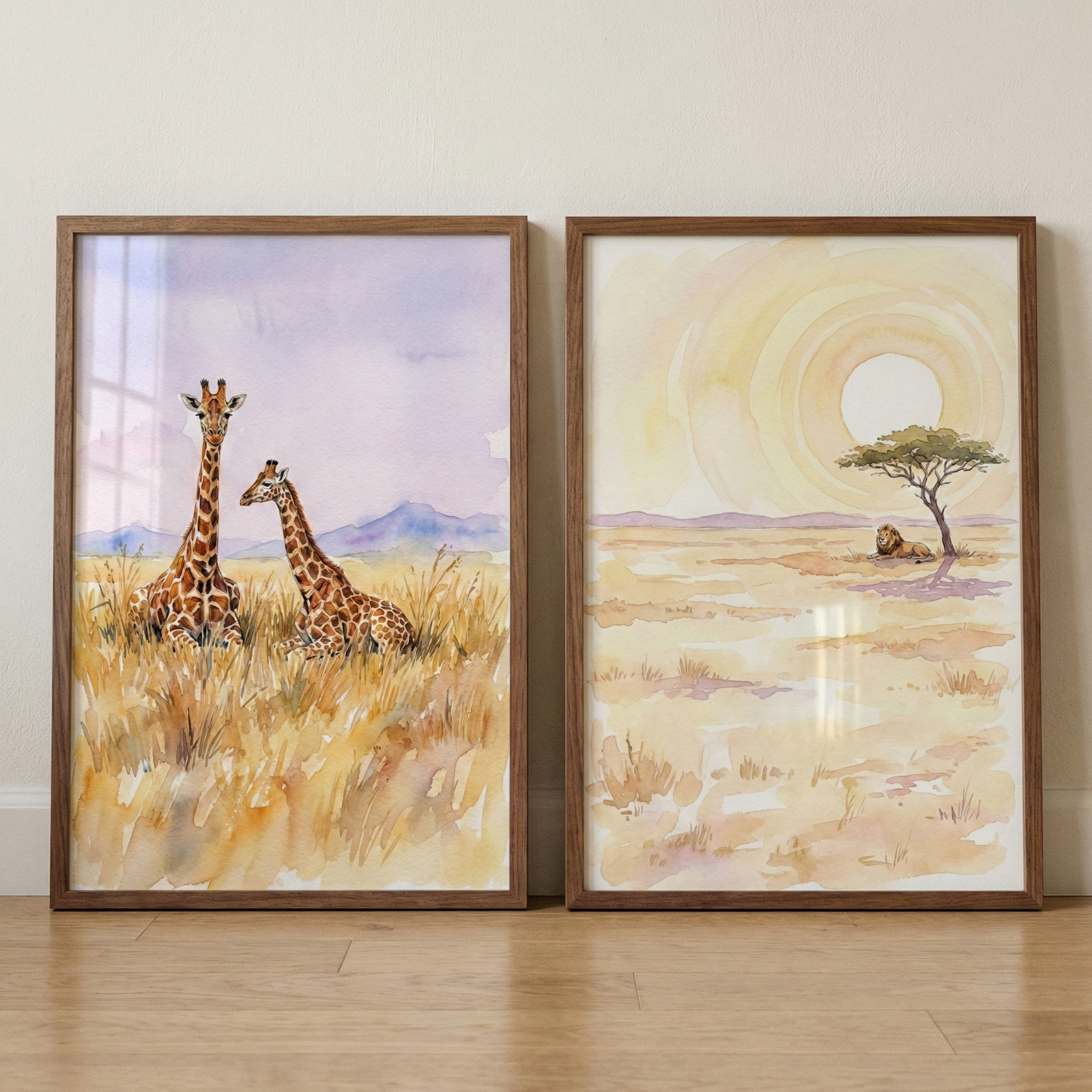 Two framed watercolor-style illustrations sit side-by-side on a light wood floor against a neutral wall. The left artwork features an adult and a young giraffe sitting in golden savanna grass against a backdrop of soft purple mountains and sky. The right artwork depicts a vast savanna landscape under a large, glowing sun, with a single tree and a lion resting in its shade. Both pieces are encased in simple, warm-toned wooden frames.