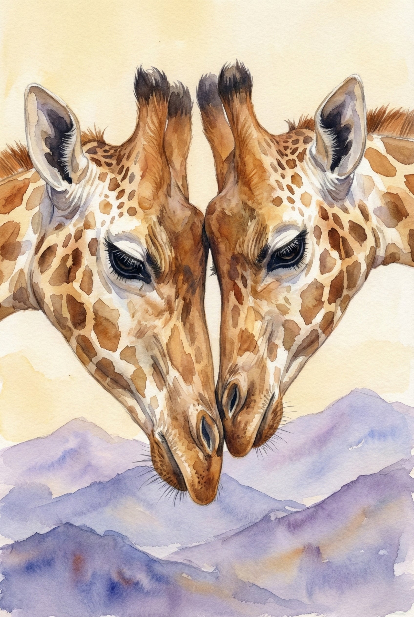 A watercolor illustration of two giraffes with their heads leaning together in an intimate gesture. Their foreheads touch, creating a central focus against a soft yellow background. Each giraffe features detailed brown spots on a tan coat, dark ossicones, and large eyes with long lashes. At the bottom, a stylized landscape of rolling hills is rendered in shades of purple and blue. The artwork captures a tender moment between the animals with delicate brushstrokes.