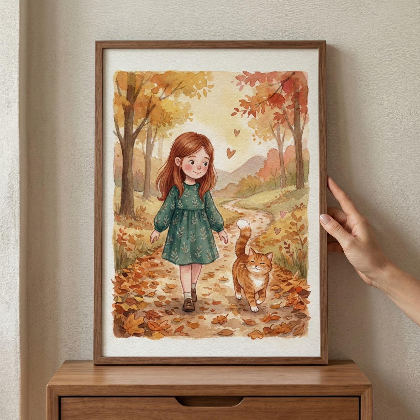 A watercolor illustration framed in wood depicts a young girl with long reddish-brown hair walking down an autumn forest path alongside an orange tabby cat. The girl wears a patterned green dress, and the cat has a cheerful expression. Trees with golden and orange leaves line the path, which is scattered with fallen foliage. Two small hearts float in the air between them. A hand holds the frame, which sits on a wooden cabinet against a neutral-colored wall.