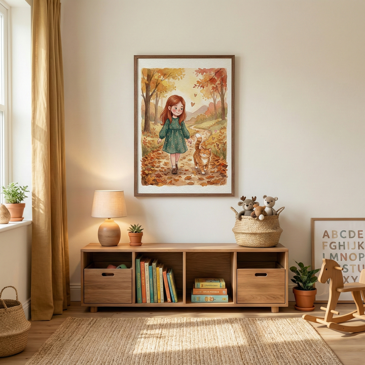 A brightly lit, cozy child's room features minimalist decor in warm, earth tones. A low wooden storage unit against a white wall holds books and toys in wooden bins. On its top surface sits a small lamp with a fabric shade, a tiny succulent in a terracotta pot, and a woven basket overflowing with soft plush animals. Centered on the wall above the shelf is a large framed watercolor-style illustration showing a girl with red hair walking through an autumn forest with a ginger cat. 