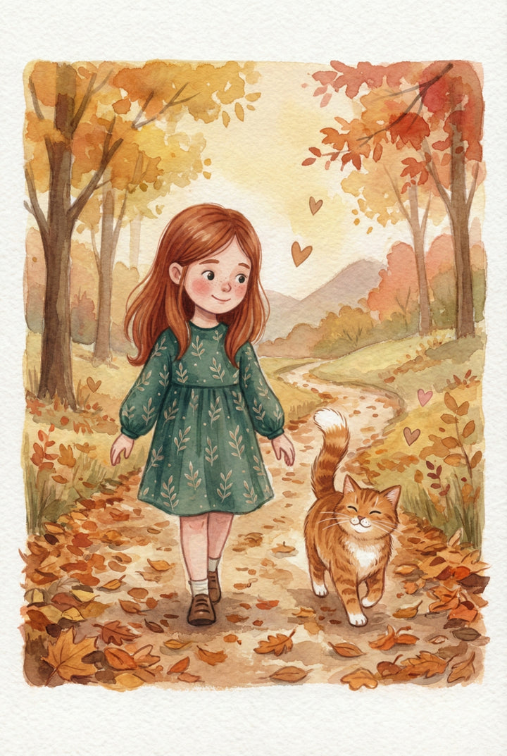 A smiling girl in a green dress walks down a leaf-covered forest path next to a happy orange cat. Autumn trees in shades of yellow and red line the trail, with pink hearts floating between them.