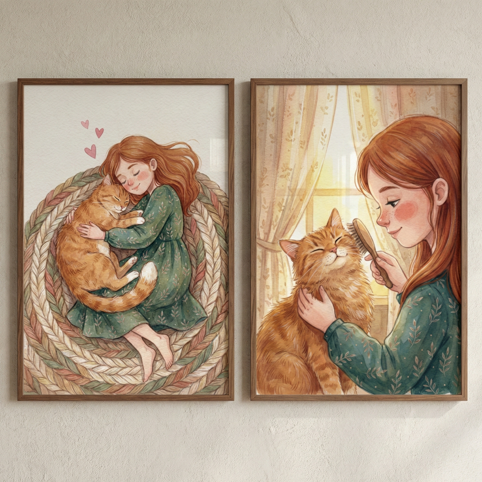 Two wooden-framed illustrations hang side-by-side on a neutral wall. The left image depicts a girl with long auburn hair and a green dress curled up asleep with an orange tabby cat on a large, circular braided rug. Tiny pink hearts float above them. The right image shows the same girl smiling as she gently brushes the cat's fur with a wooden brush near a window with soft curtains. Both artworks feature a whimsical style with warm colors and a cozy, affectionate theme.