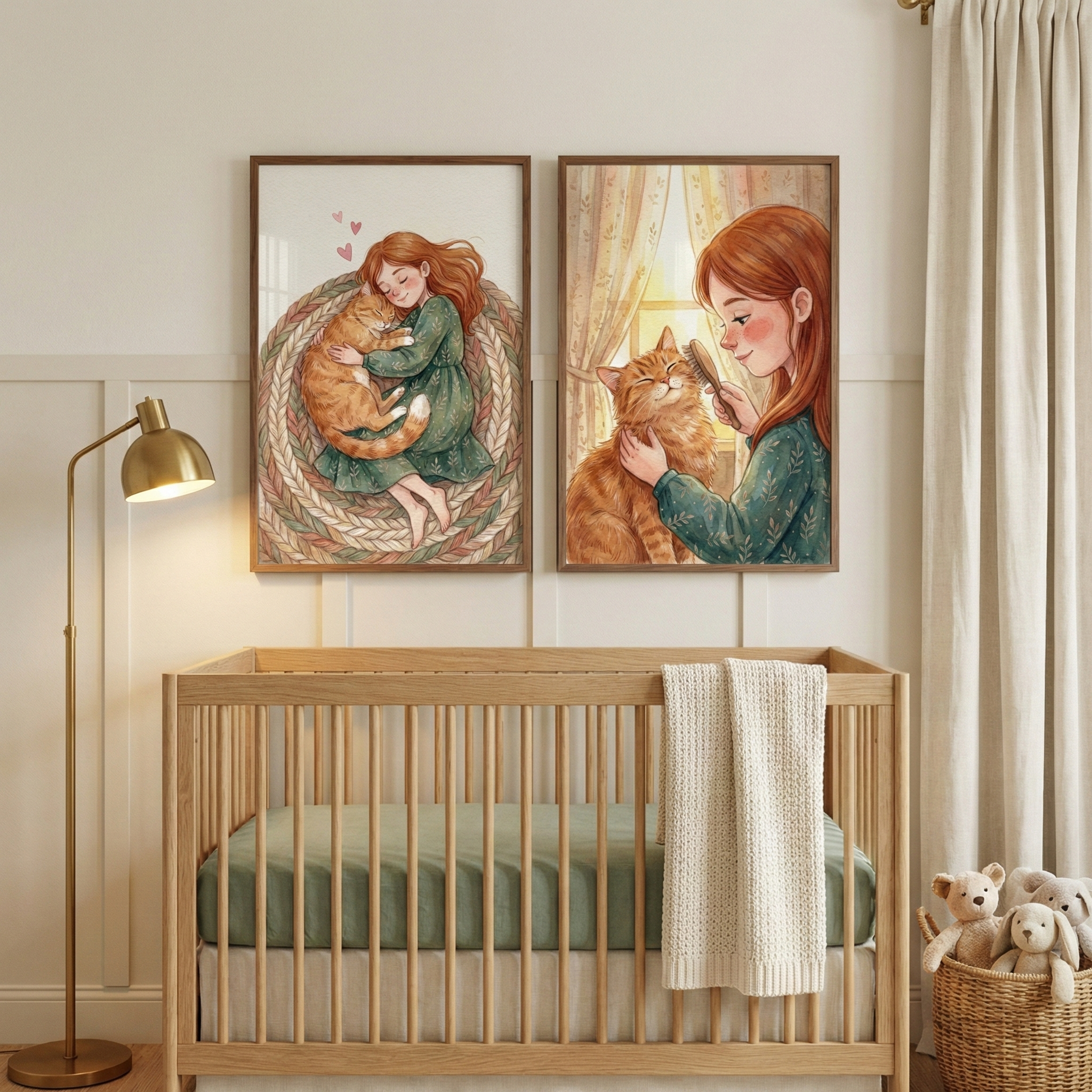 Girl And Cat Art Set of 2 - Cozy Feline Friends