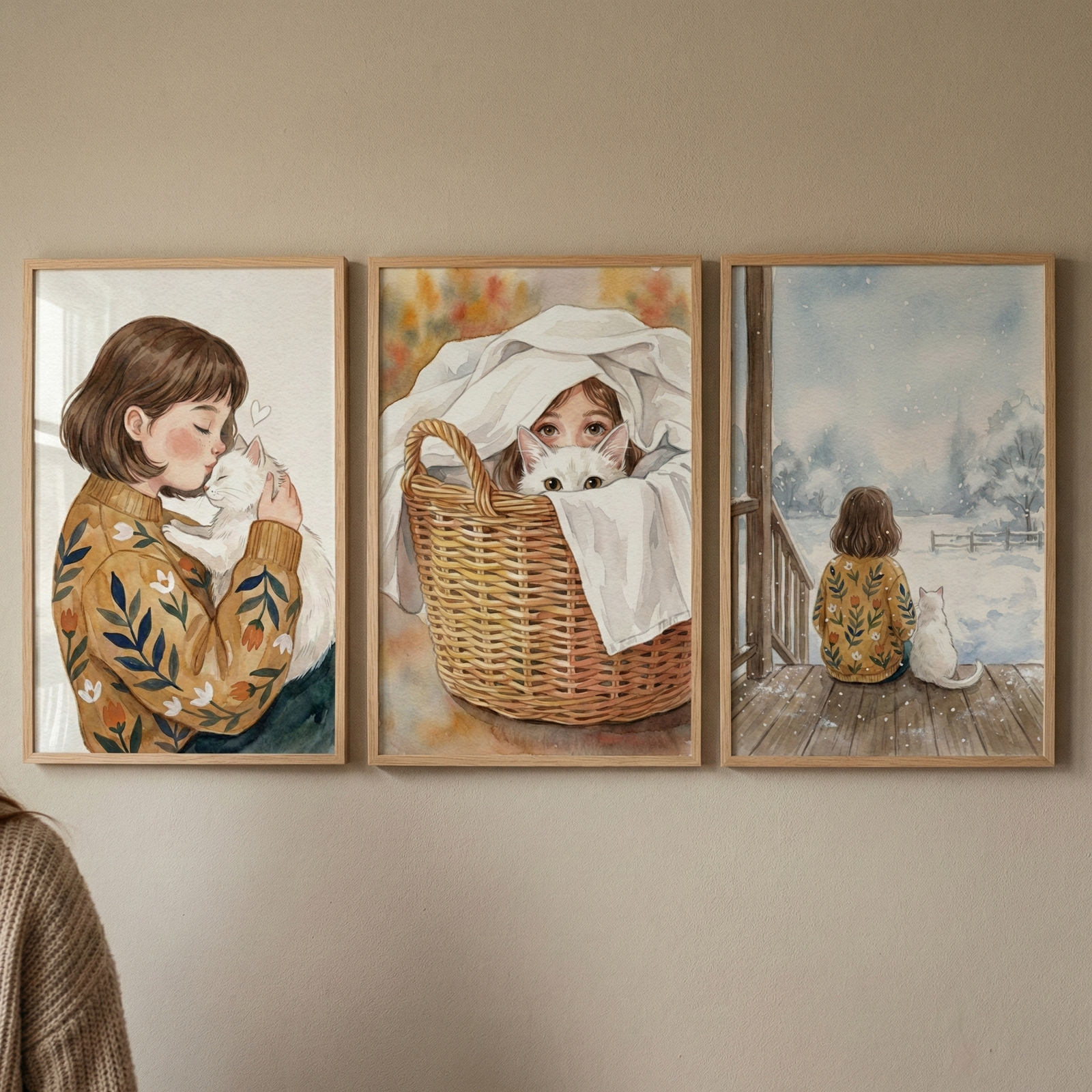 Three vertical wooden-framed illustrations hang on a neutral wall, depicting a young girl and a white cat. On the left, the girl in a yellow floral sweater tenderly kisses the cat. In the middle, both peek out from a wicker basket draped with white cloth. On the right, they sit together on a wooden porch, looking out at a soft, snowy winter landscape. The artwork features a gentle, hand-drawn aesthetic with muted colors and a heartwarming theme of companionship.