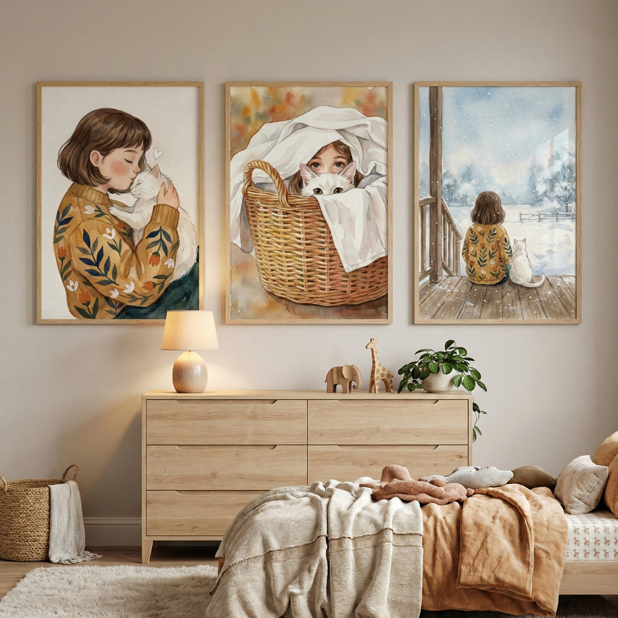 Cat And Girl Art Set of 3 - Winter Whisker Hugs