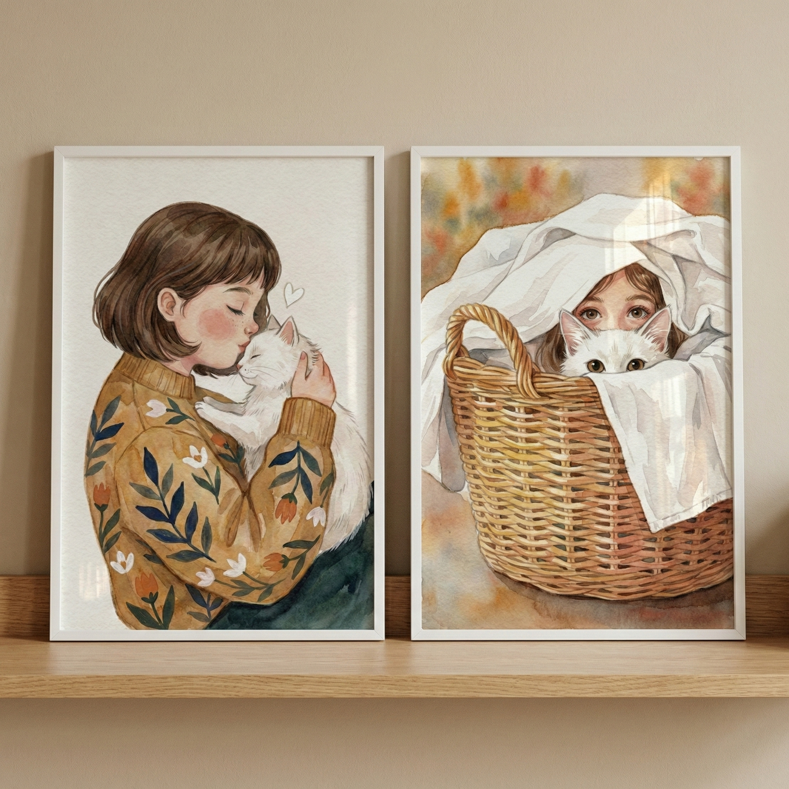 Two framed illustrations sit on a light wood shelf against a neutral wall. The left piece depicts a girl with short brown hair wearing a floral yellow sweater, tenderly kissing a small white kitten she is holding. A tiny heart floats near them. The right piece shows the same girl and white kitten peeking out from beneath a white cloth inside a woven wicker basket. The artwork uses a soft watercolor style with warm, muted tones and simple white frames.