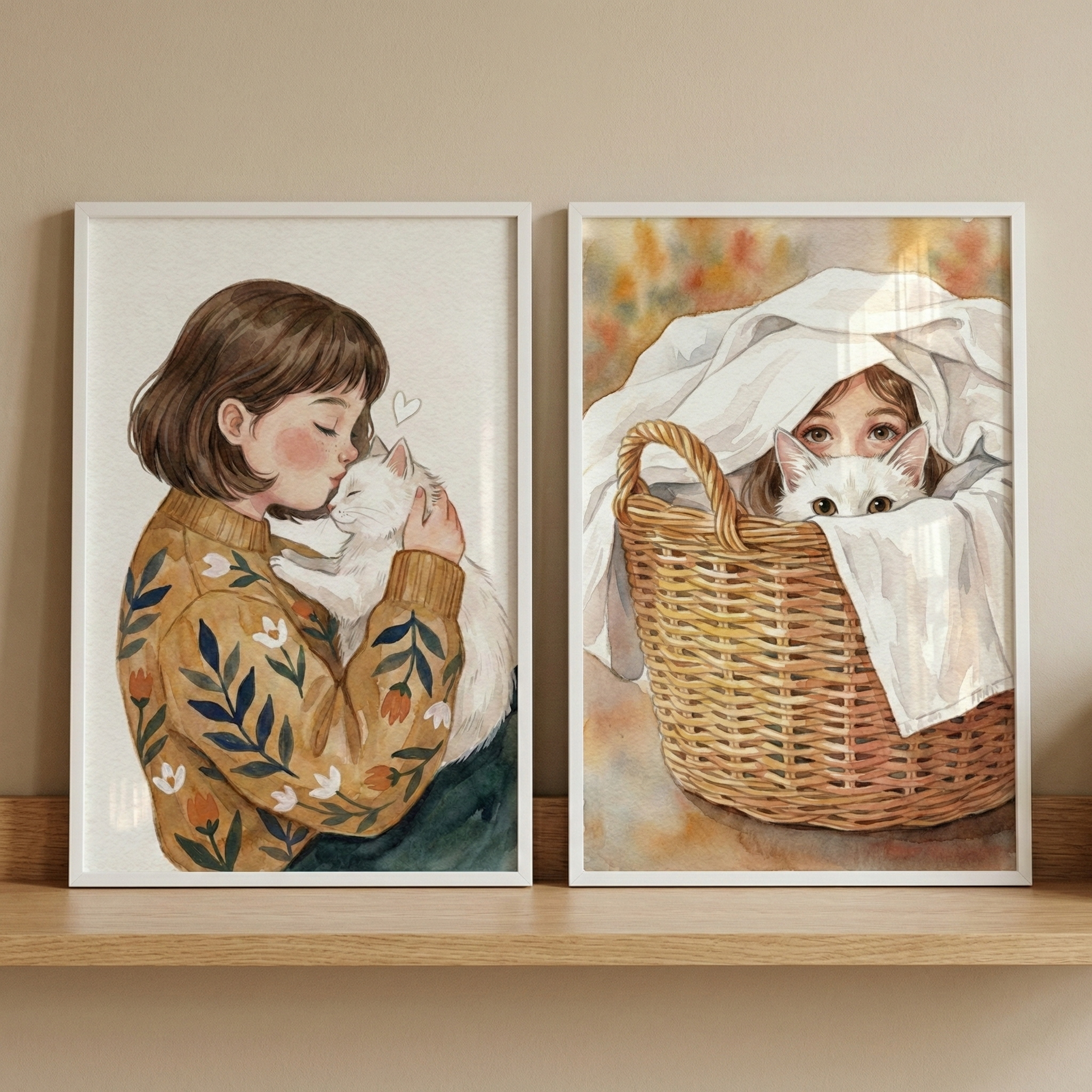 Cat And Girl Artwork Set of 2 - Sweet Kitten Love