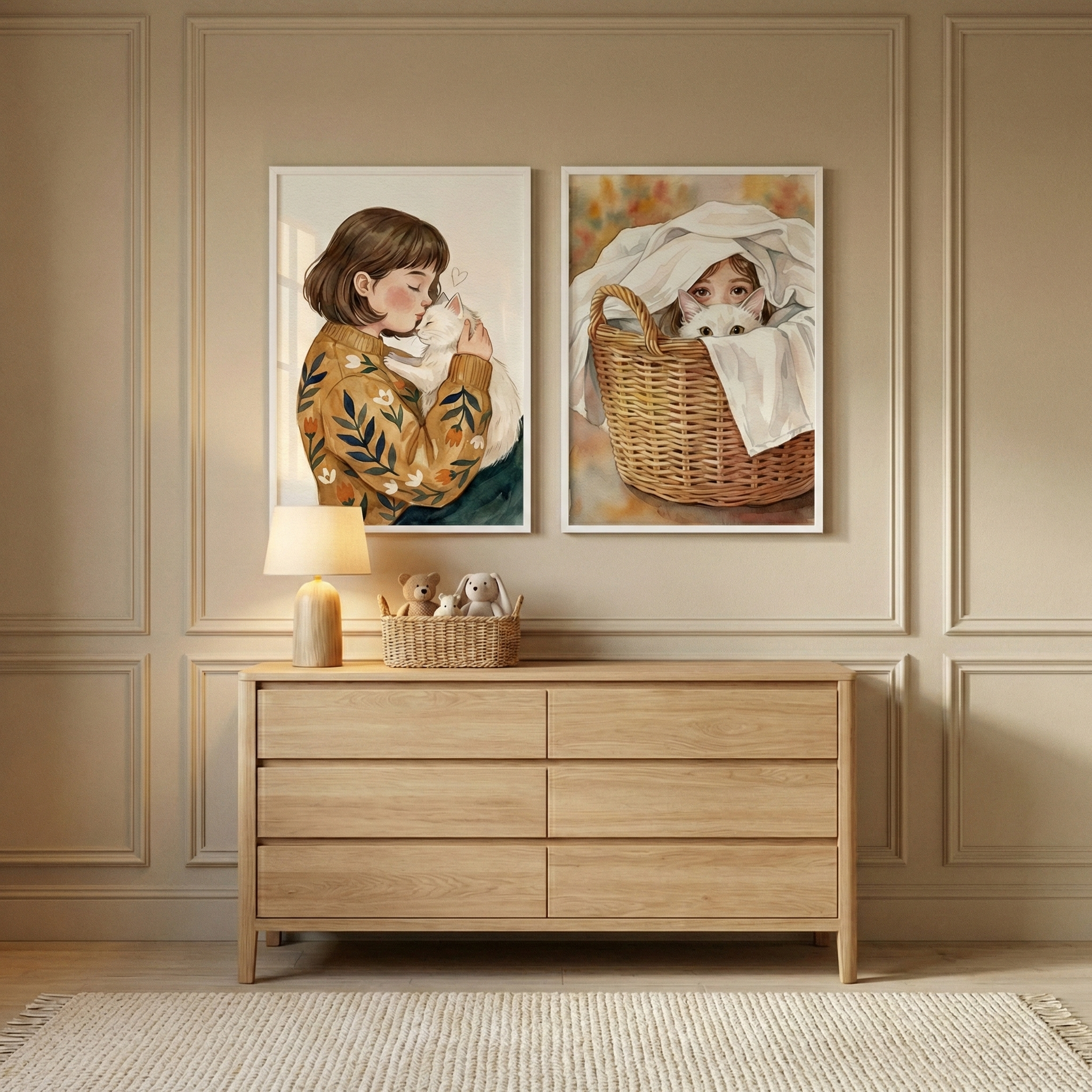 Cat And Girl Artwork Set of 2 - Sweet Kitten Love
