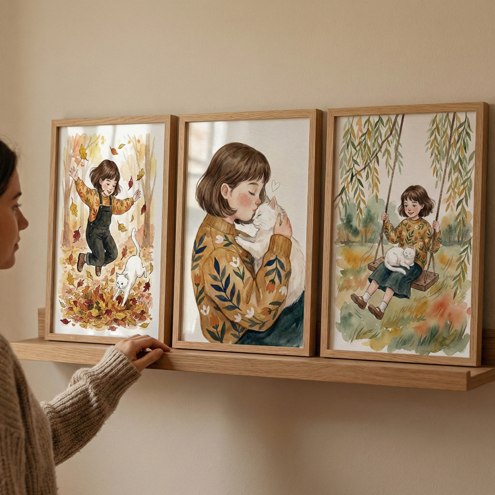 A woman in a light-colored sweater is shown from the side as she touches the edge of one of three wooden-framed illustrations sitting on a wooden shelf. The artworks, created in a soft watercolor style, are set against a plain beige wall. Each frame features a girl with brown hair and a white cat. In the first, they jump in a pile of autumn leaves. The middle frame shows the girl hugging the cat. The third depicts her on a swing under a willow tree with the cat on her lap.