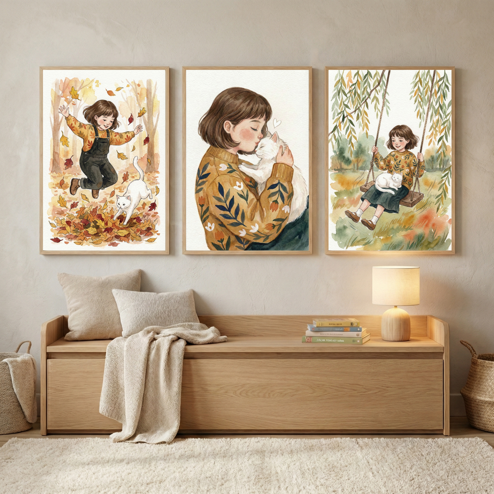 Cat Artwork For Girls Room Set of 3 - Golden Autumn Bond