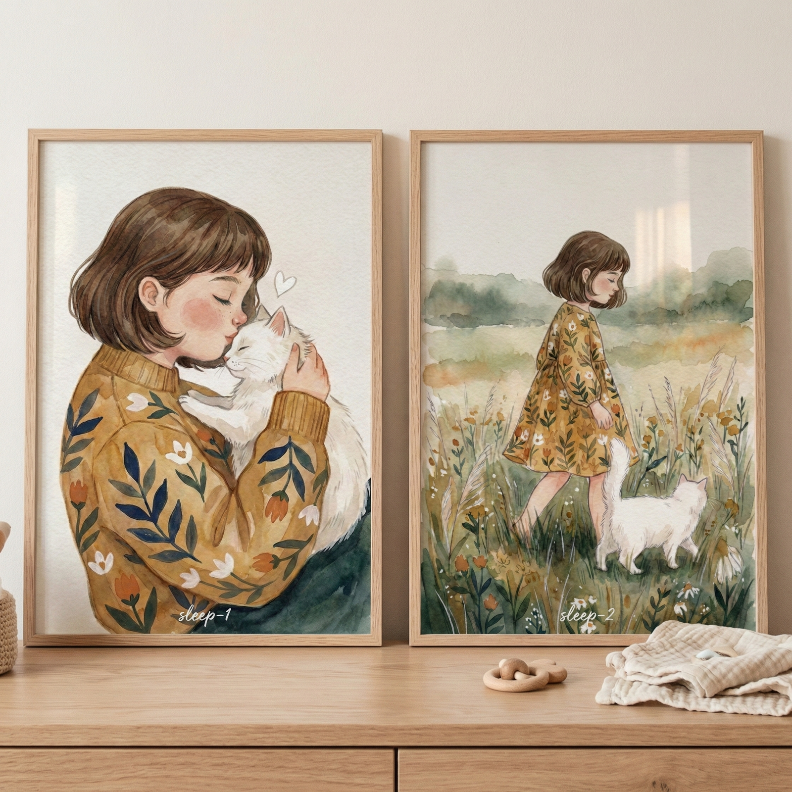 Two wooden frames rest side-by-side on a light dresser. Each holds a watercolor illustration featuring a girl with short brown hair and a white cat. In the left artwork, she wears a yellow floral sweater while cuddling and kissing the cat. In the right piece, she walks through a grassy meadow with the cat beside her. A small wooden toy and a folded cloth sit on the dresser's surface. The background is a plain, neutral wall, contributing to a soft, cozy atmosphere.