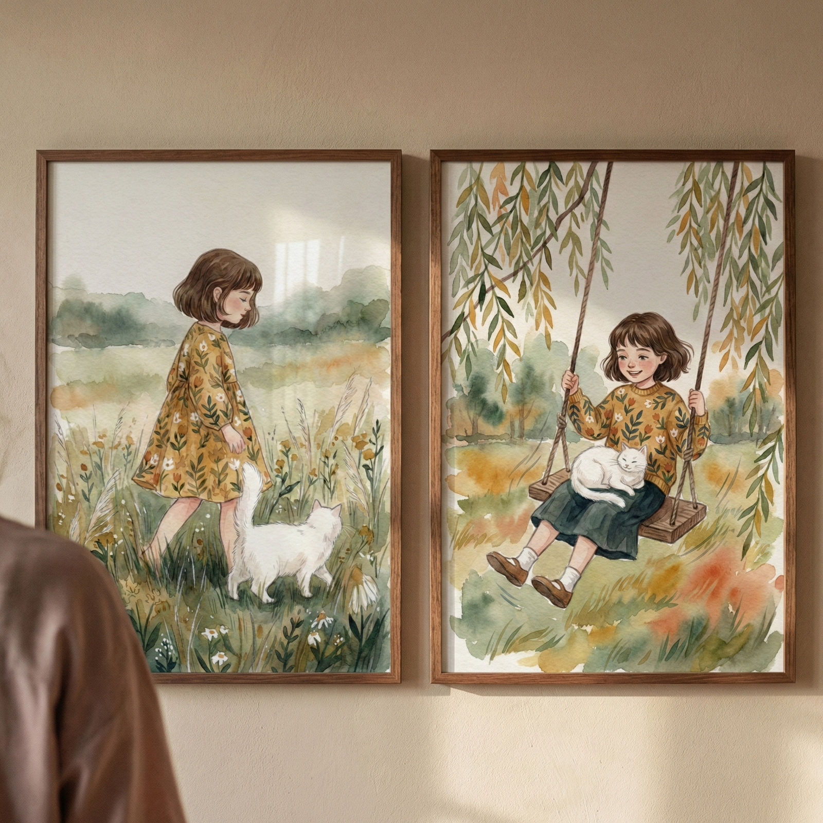 Two side-by-side framed watercolor-style illustrations hang on a neutral wall. In the left artwork, a young girl with brown hair and a yellow floral dress walks through a field of wildflowers with a white cat at her side. In the right artwork, the girl sits on a wooden swing under willow branches, wearing a floral sweater and dark skirt, with the white cat nestled in her lap. Both pieces feature soft green and warm earth tones, creating a peaceful, whimsical atmosphere.