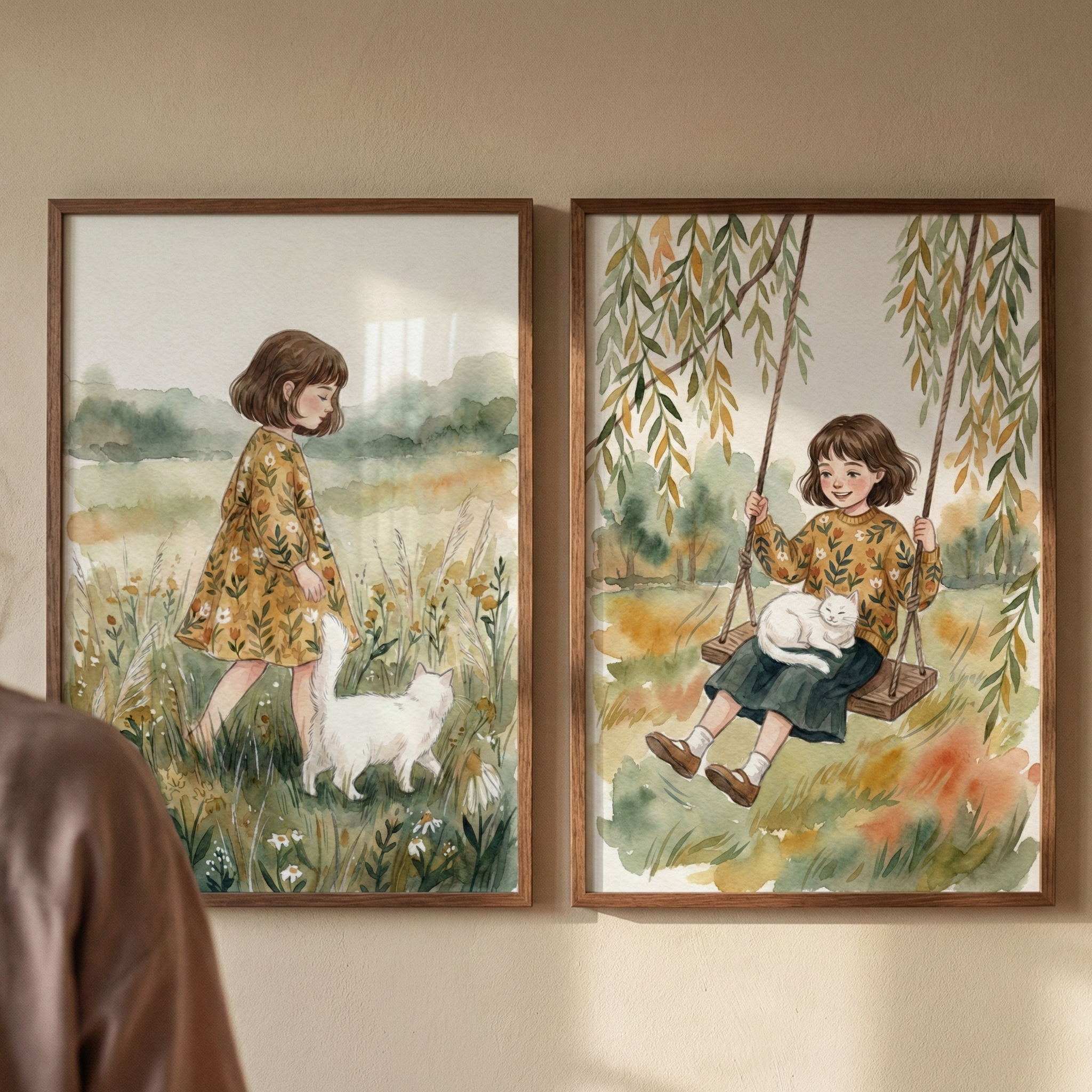 Watercolor Girl And Cat Print Set of 2 - Meadow Cat Tales