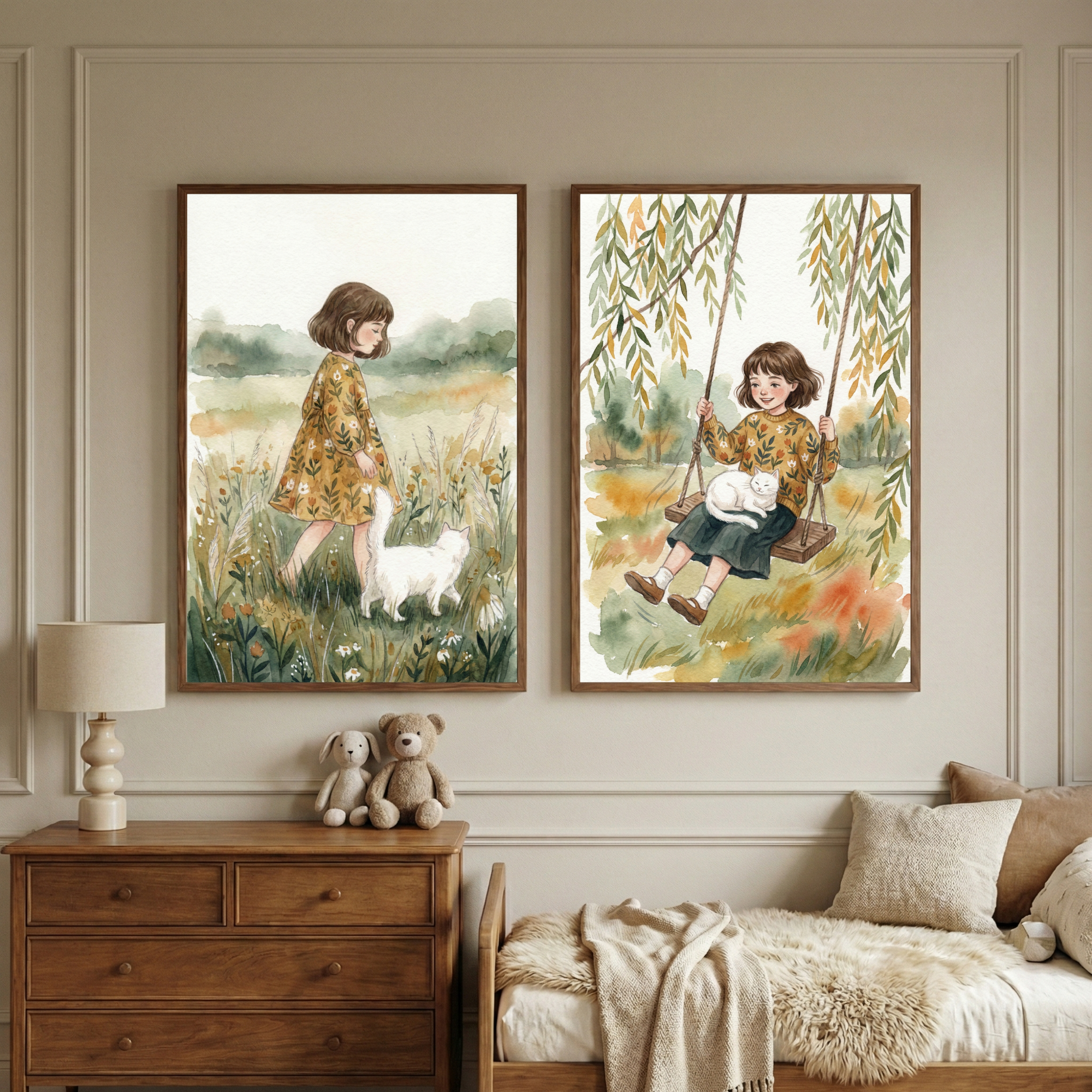 Watercolor Girl And Cat Print Set of 2 - Meadow Cat Tales