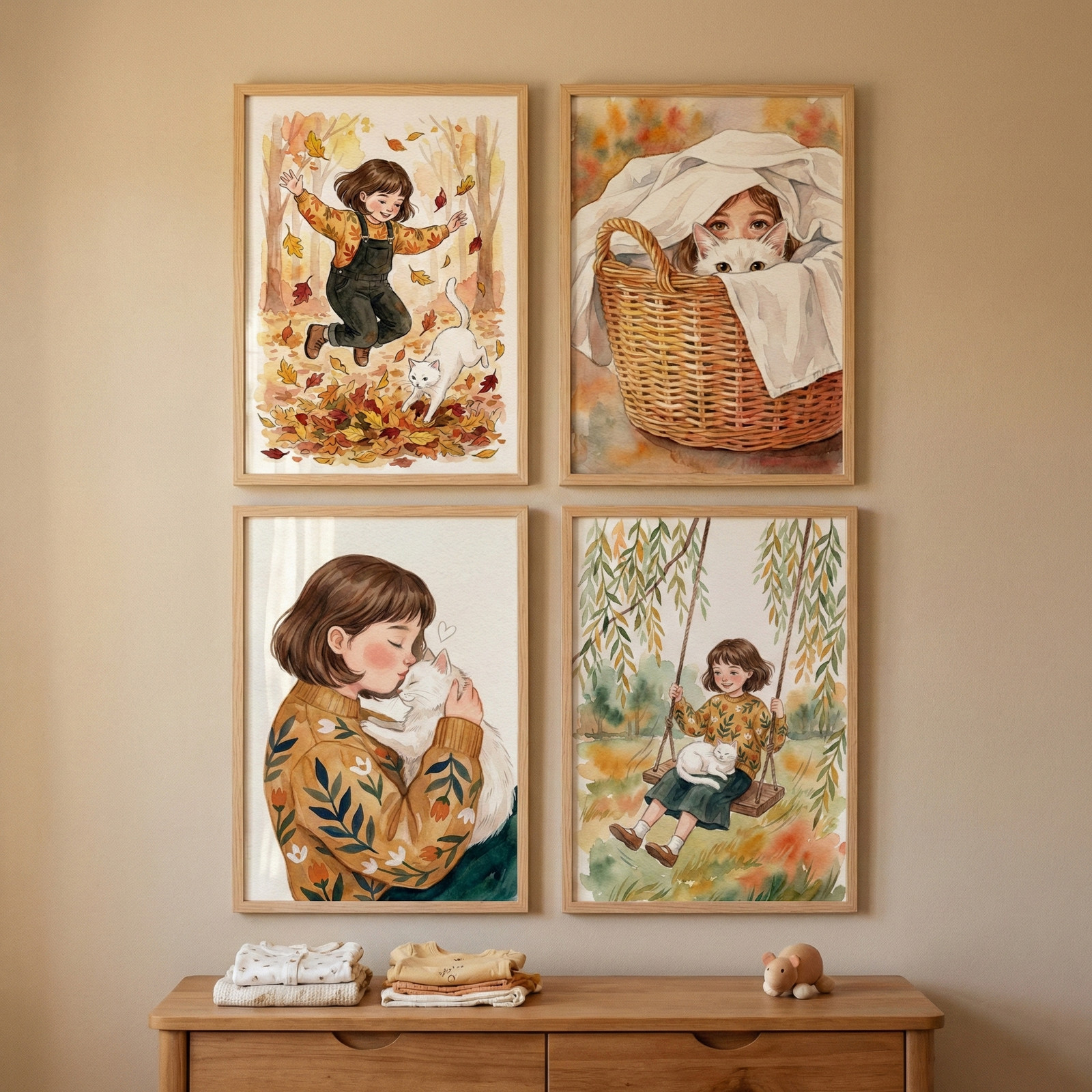 Four framed watercolor style illustrations hang above a wooden toy shelf in a cozy children’s playroom. The scenes show a child jumping into autumn leaves with a white cat, hiding with the cat in a basket under a blanket, cuddling the cat with a kiss, and swinging on a tree swing while the cat rests in their lap.