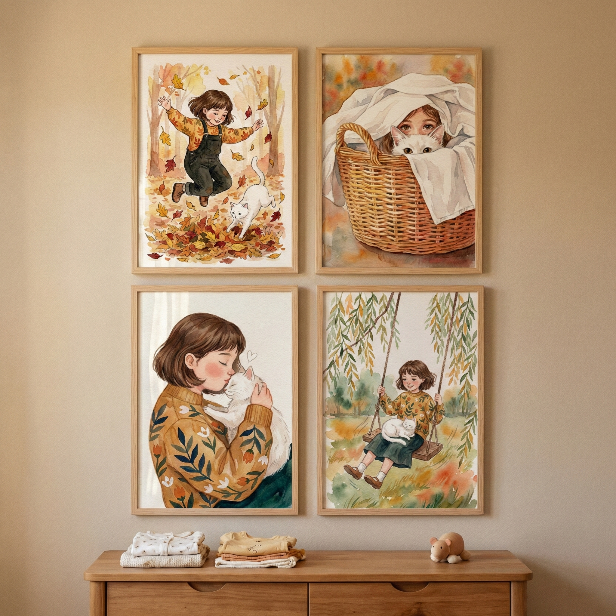 Girl And Cat Wall Art Set of 4 - Whimsical Feline Friends