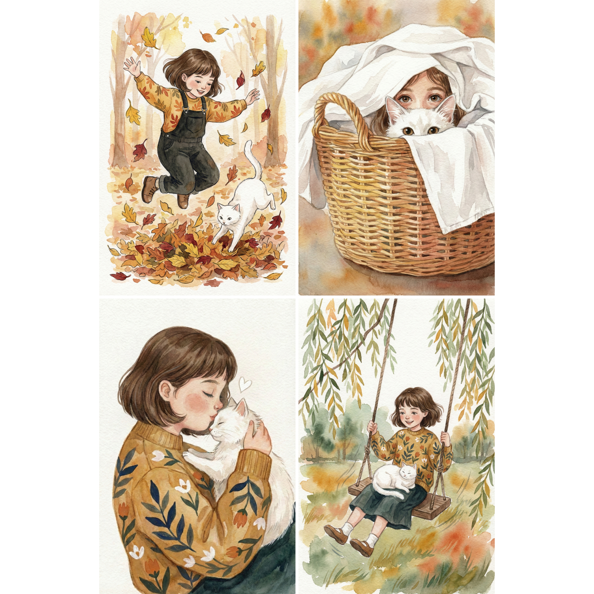 Girl And Cat Wall Art Set of 4 - Whimsical Feline Friends