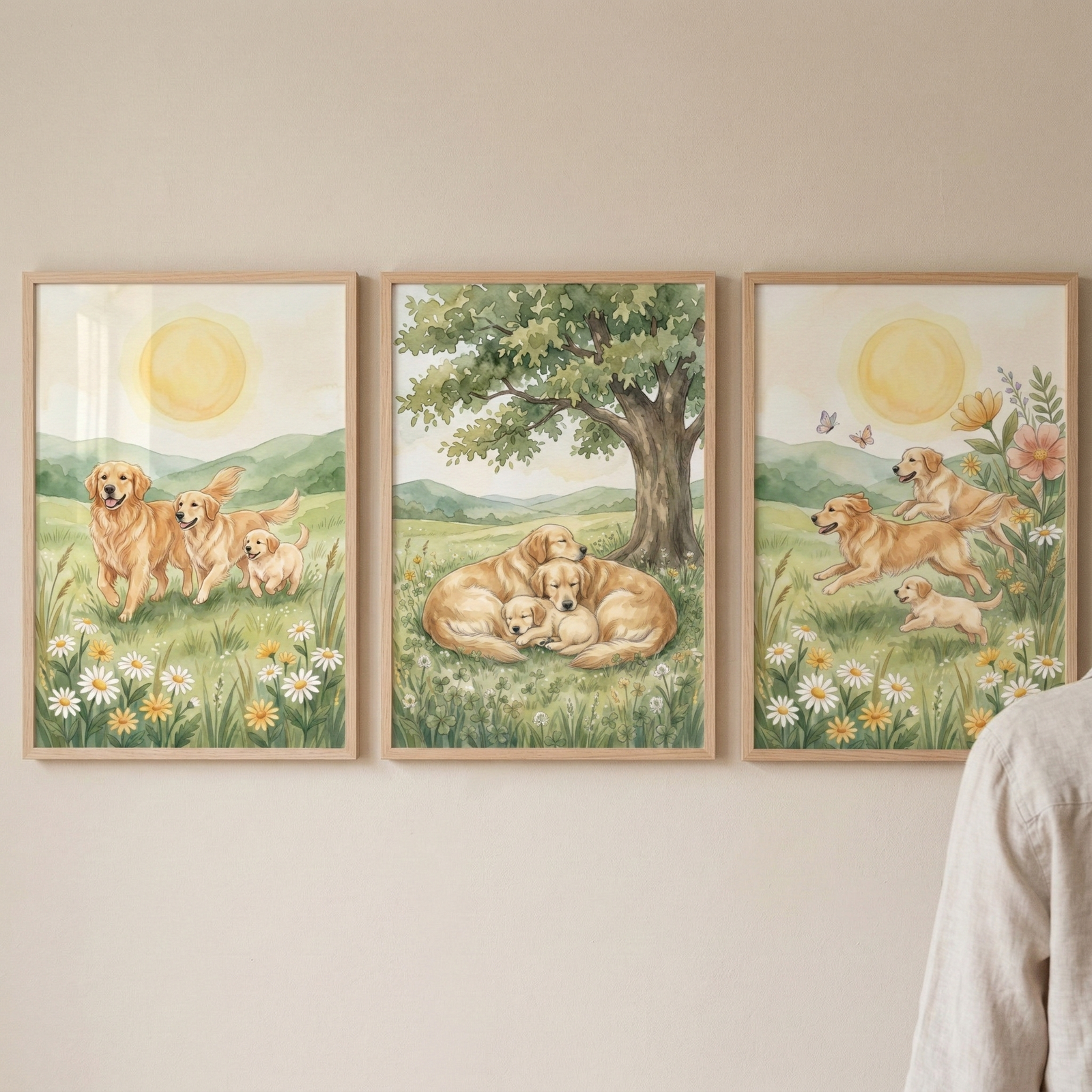 A set of three horizontally aligned art pieces, each encased in a light-colored wooden frame, hangs on a smooth, beige wall. Each piece is an illustration in a soft watercolor style, depicting golden retriever dogs in tranquil nature settings. 

The illustration on the left shows two adult golden retrievers and a puppy walking through a field of white and yellow daisies. A large, pale yellow sun shines above rolling green hills in the background.

