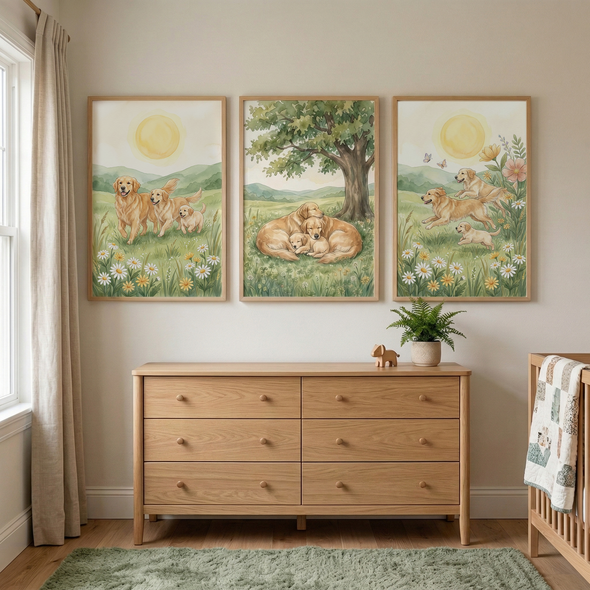 Watercolor Golden Retriever Family Wall Art Set of 3 - Sunlit Puppy Family