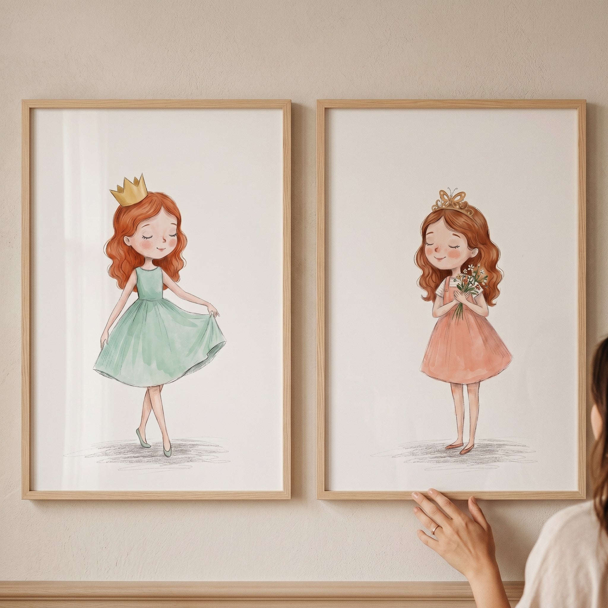 Watercolor Golden Crown Princess Wall Art Set of 2 - Sweet Royal Girls