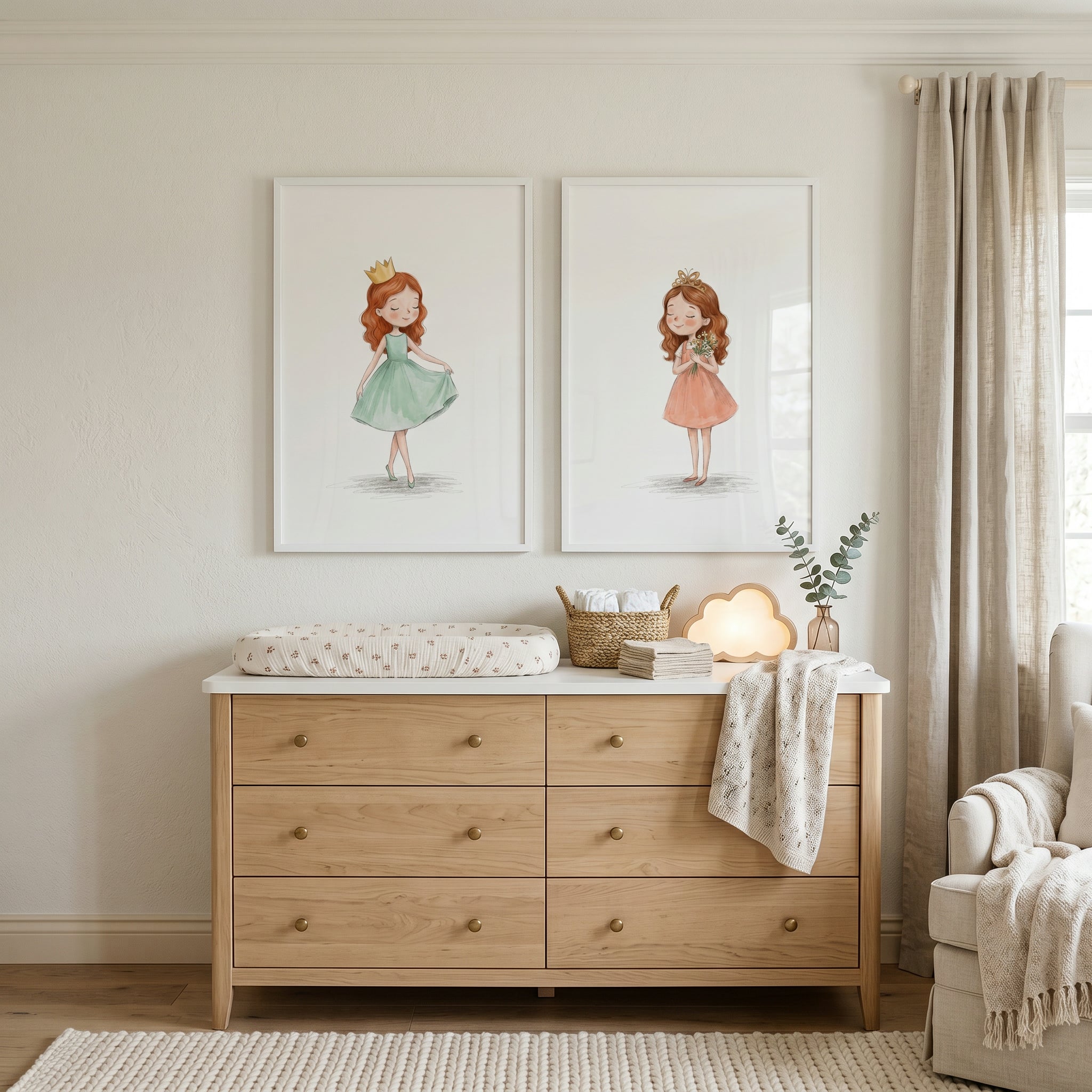 Watercolor Golden Crown Princess Wall Art Set of 2 - Sweet Royal Girls